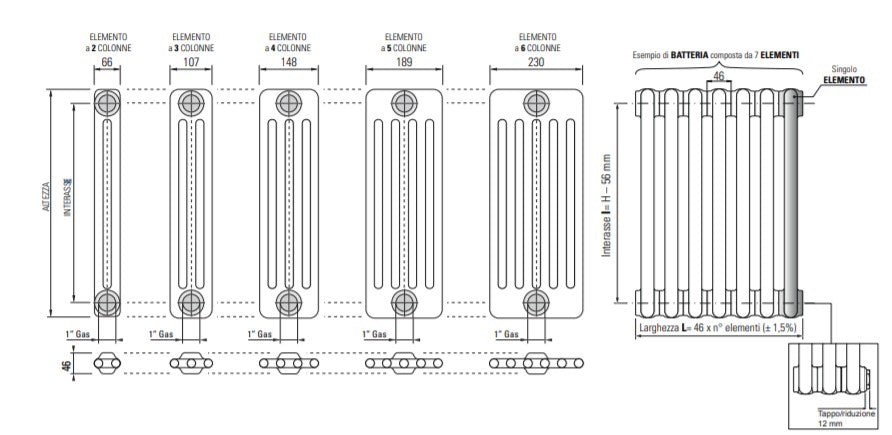 Complete battery Radiator Cordivari Ardesia tubular steel radiator 3 Columns from 3 to 24 elements h 856 mm center distance 800 mm caps and reductions included