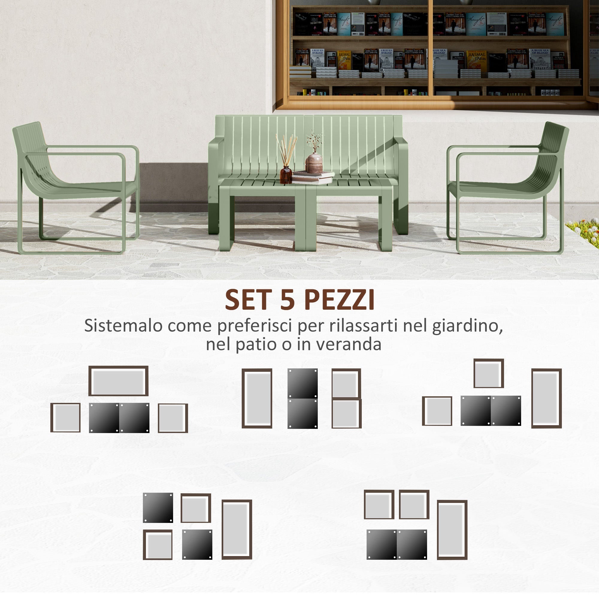 AREA OCCASIONI 2529 EasyComfort Set da Giardino 5 Pezzi a Doghe con Divanetto, 2 Poltroncine e 2 Tavolini in Polipropilene Verde