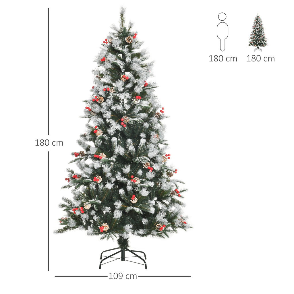 Easycomfort Albero di Natale Innevato 180cm with Bacche Rosse e Pigne Bianche, Base Rimovibile Pieghevole, 678 Rami, Verde