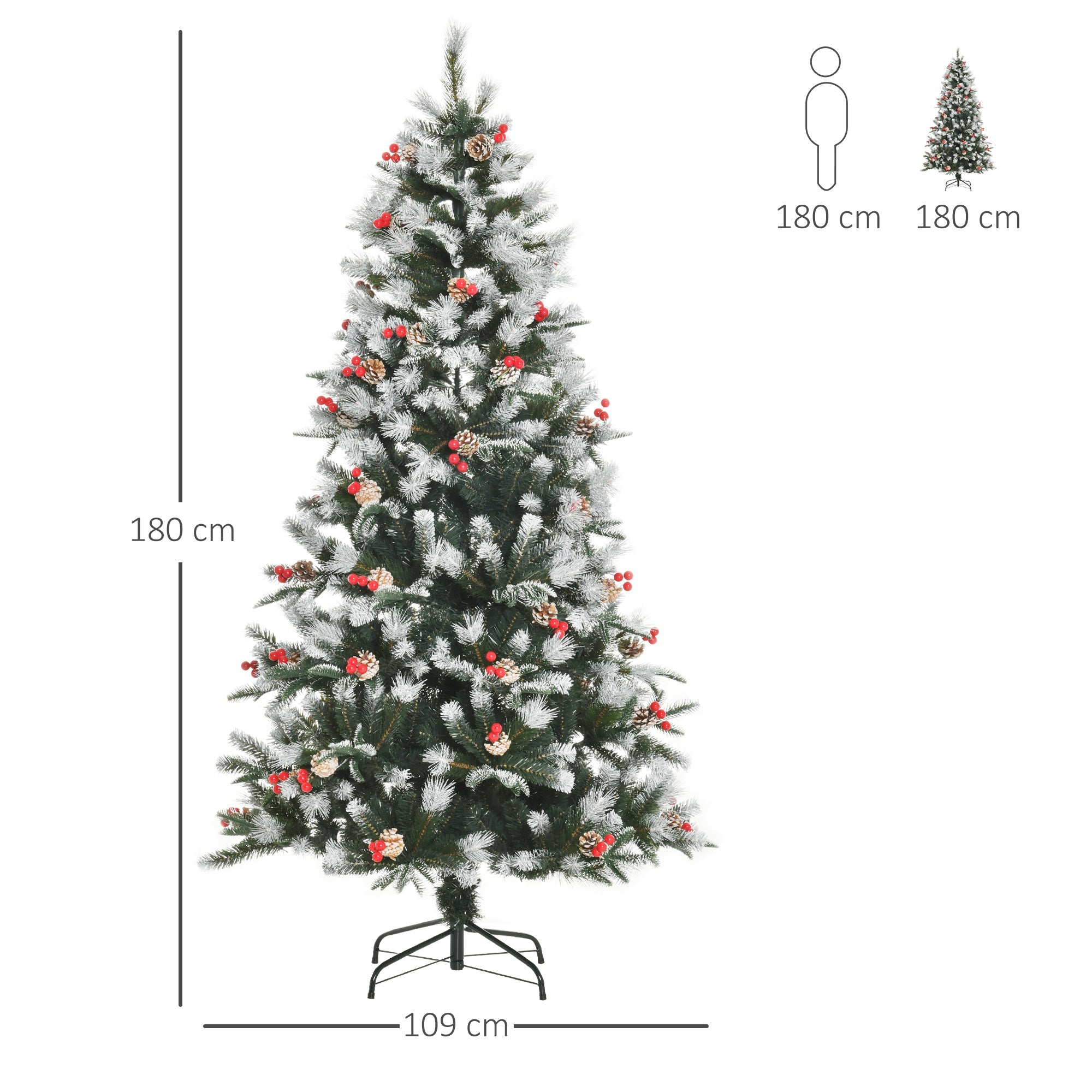 Easycomfort Albero di Natale Innevato 180cm with Bacche Rosse e Pigne Bianche, Base Rimovibile Pieghevole, 678 Rami, Verde