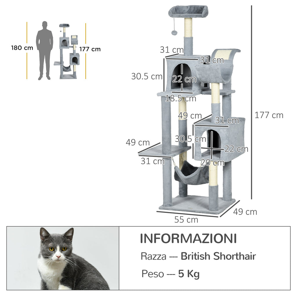 Easycomfort Albero per Gatti with Amaca, Lettino e 2 Casette, in Truciolato e Peluche, 55x49x177 cm, Grigio e white