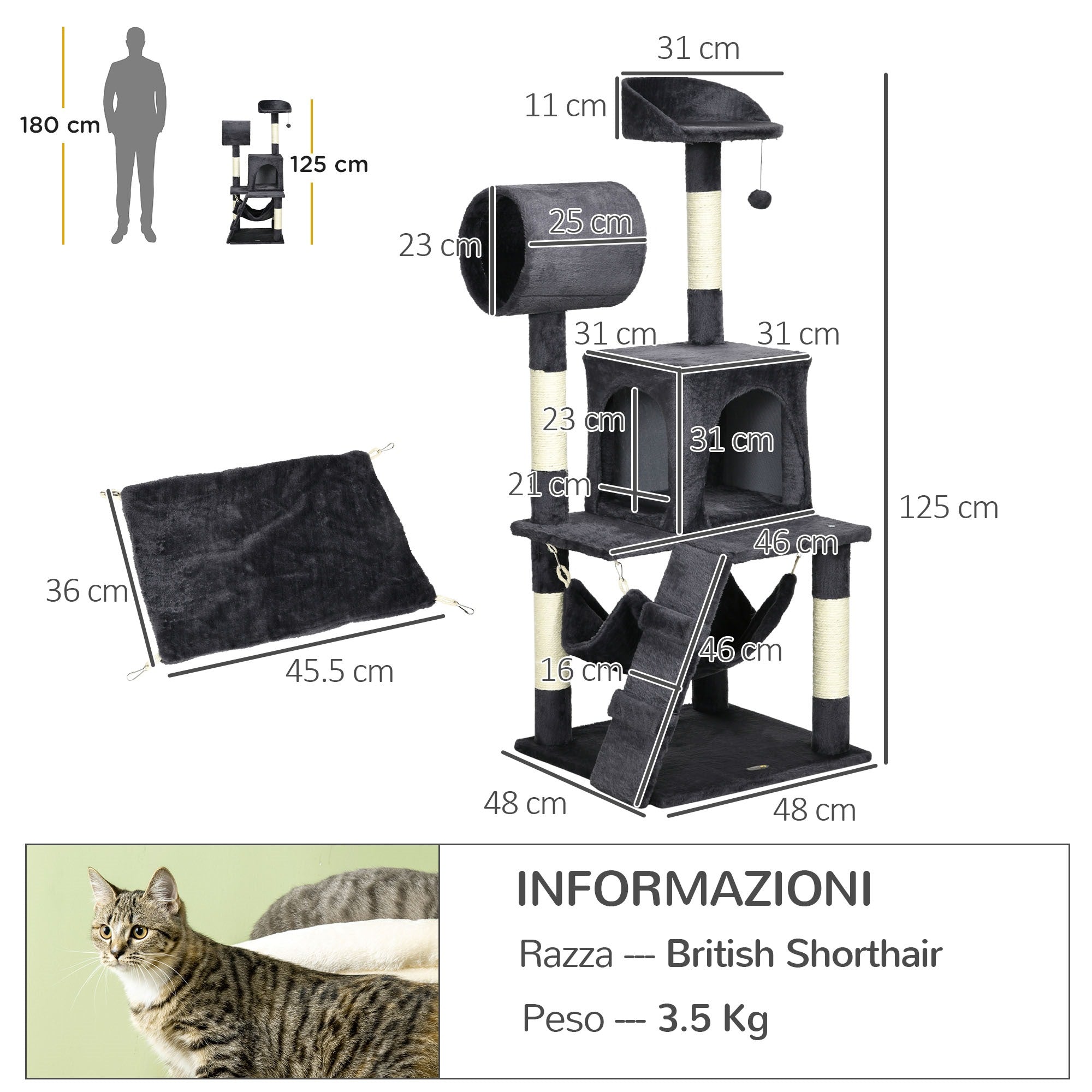 EASYCOMFORT Cat Tree with Cat Scratching Post, Cat House, Hammock, Bed, Tunnel and Ball, 48x48 x125 cm, Dark Gray