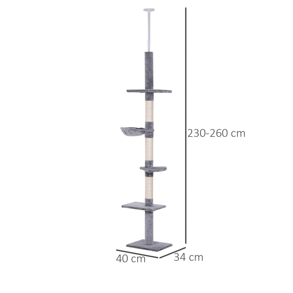 EasyComfort Albero Tiragraffi a 4 Livelli ad Altezza Regolabile, in Truciolato, Peluche e Sisal, 40x34x230-260 cm, Grigio