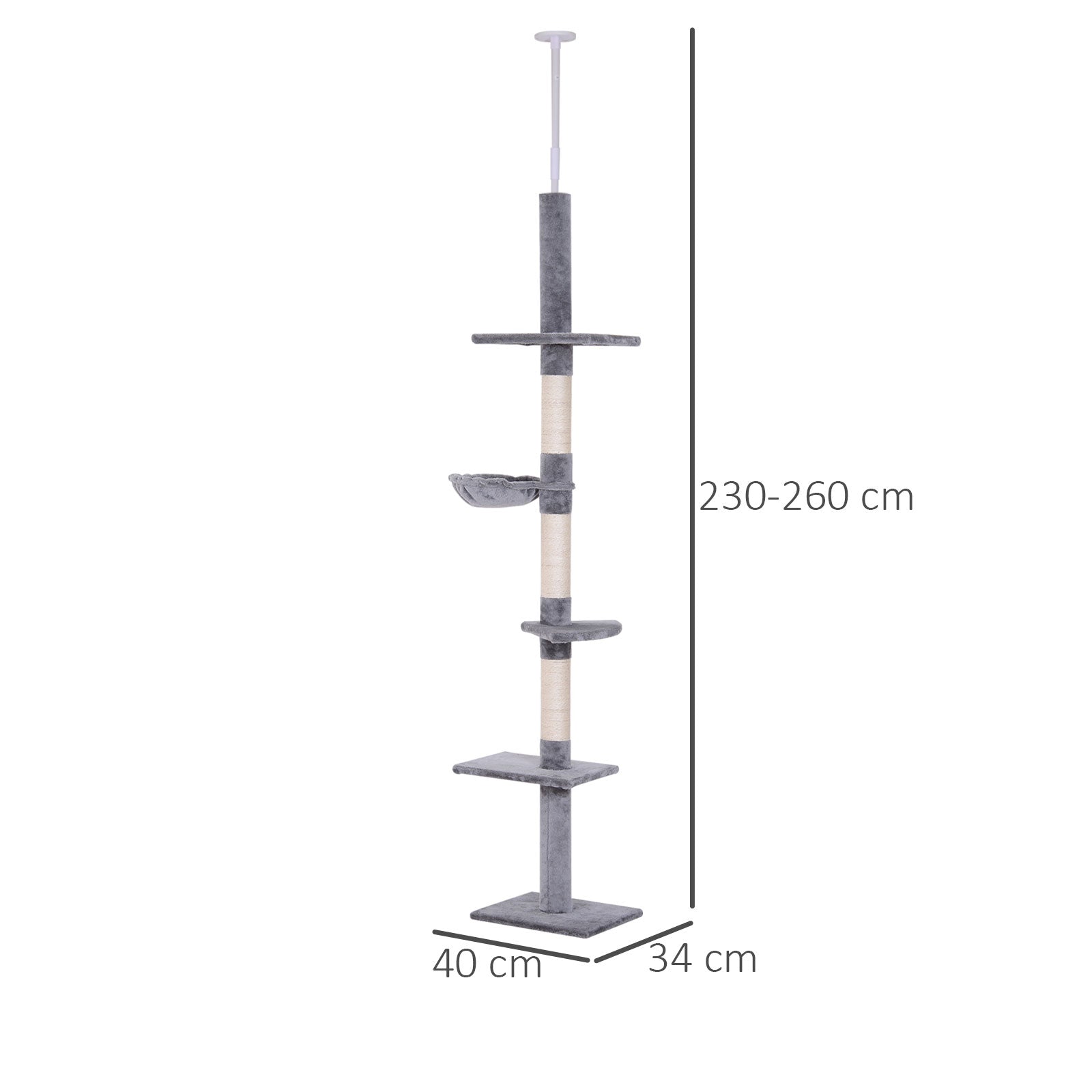 EasyComfort Albero Tiragraffi a 4 Livelli ad Altezza Regolabile, in Truciolato, Peluche e Sisal, 40x34x230-260 cm, Grigio
