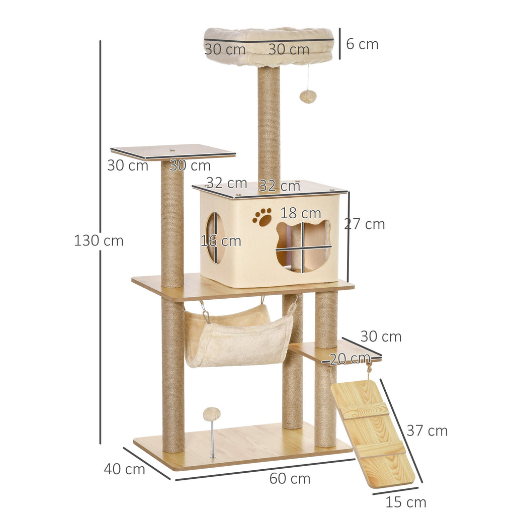 EASYCOMFORT Multilevel Scratching Tree with House, Hammock, Ladder and Jute Ropes, Plush Cover, 60x40x130cm, Yellow
