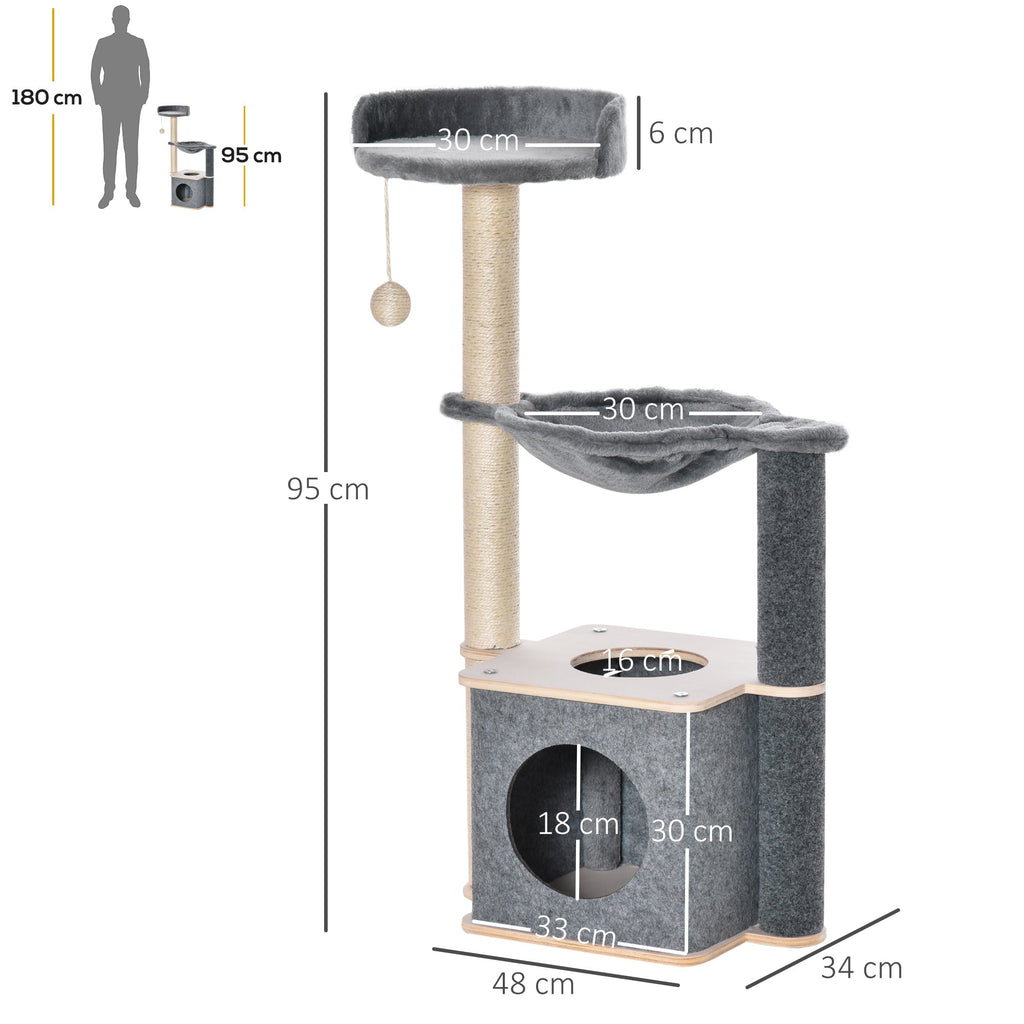 EASYCOMFORT Multilevel Scratching Post Tree for Adult Cats, Cat Gym with House, Hammock, Kennel and Sisal Ropes, 48x34x95cm, Gray