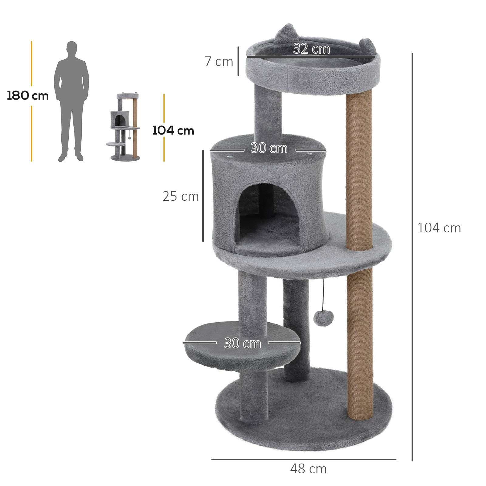 EASYCOMFORT Scratching Tree for 1-2 Cats weighing 4.5kg, Gym Castle for Cats with 3 Levels, Kennel, Bed and Sisal Rope Pole, Gray 48x48x104cm