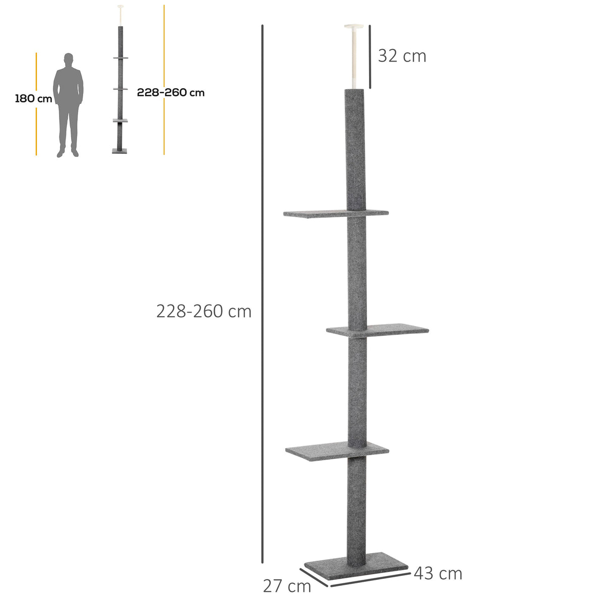 EasyComfort Kattenkrabpaal 4 niveaus verstelbaar 43x27x228-260cm