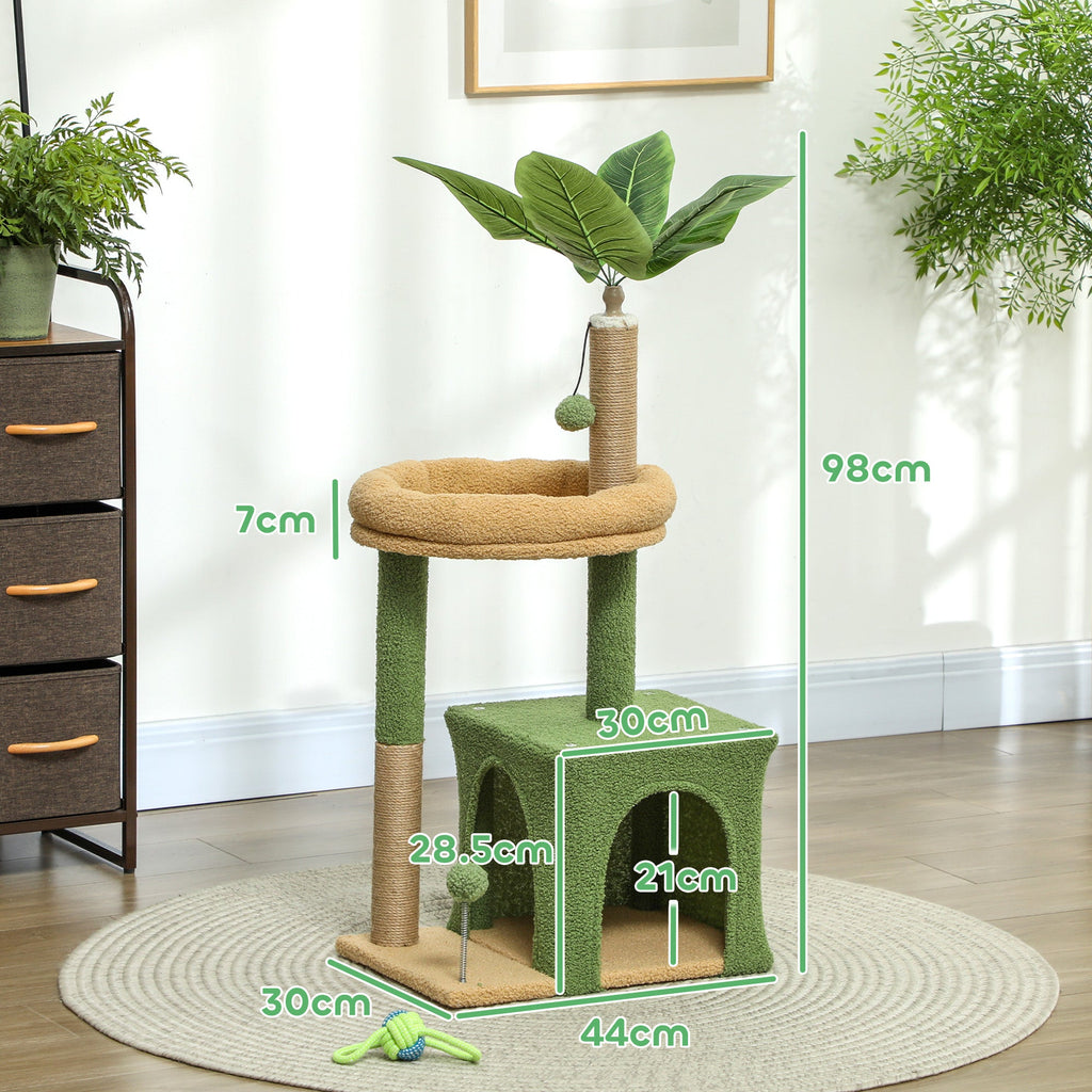 EasyComfort Albero Tiragraffi per Gatti with Casetta, Lettino e 2 Palline, in Legno e Poliestere, 44x30x98 cm, Verde e Marrone