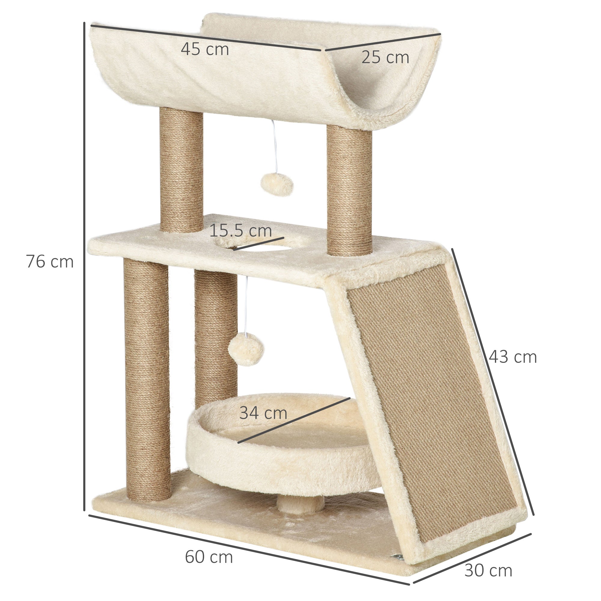 EasyComfort Albero Tiragraffi per Gatti con Lettino, Cuccia e Tappetino, in Legno, Peluche e Sisal, 60x30x76 cm, Marrone Chiaro