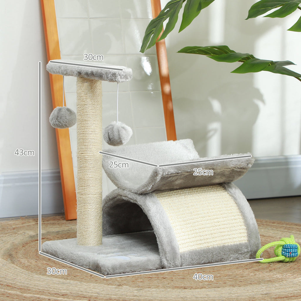 EasyComfort Albero Tiragraffi per Gatti in Peluche con Palo in Sisal, Cuccia e 2 Palline, 40x30x43cm, Grigio