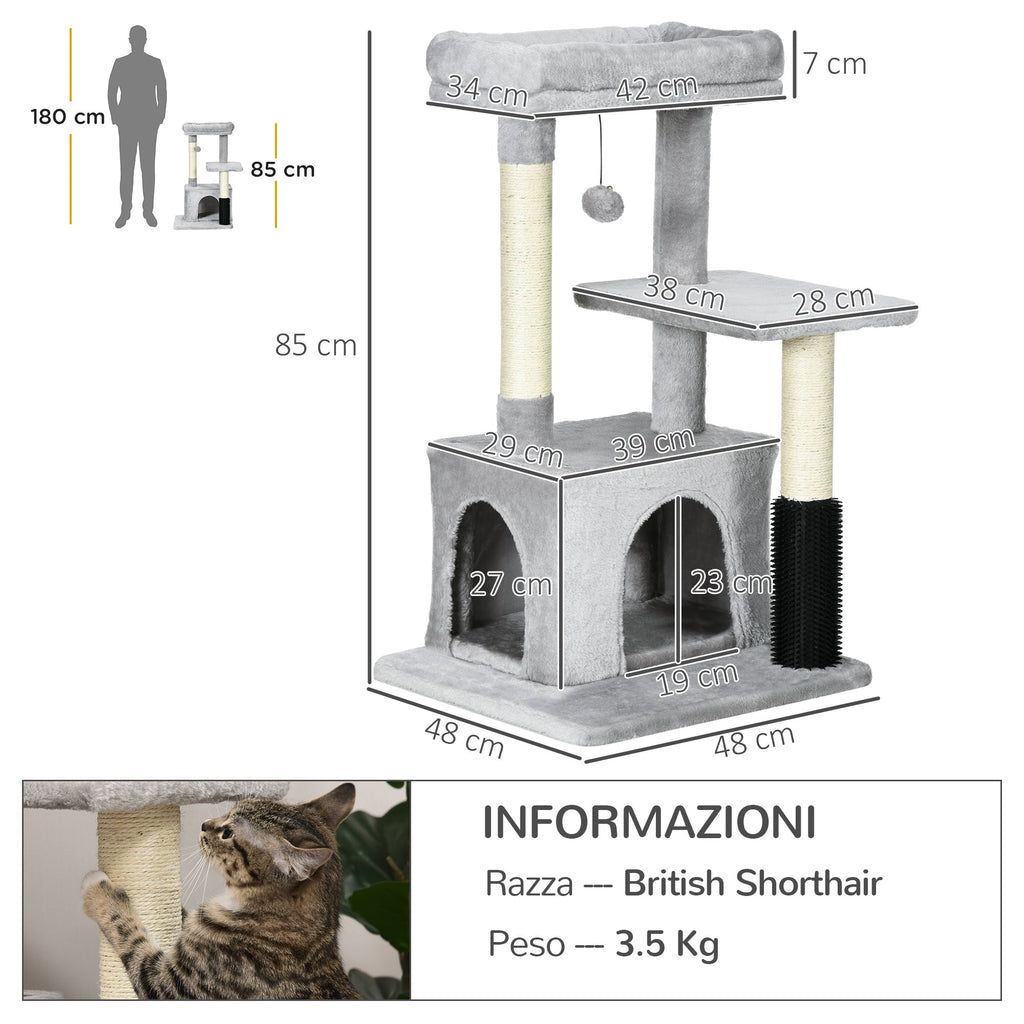 EasyComfort Albero Tiragraffi per Gatti Multilivello con Lettino e Casetta, Rivestimento in Peluche, Grigio