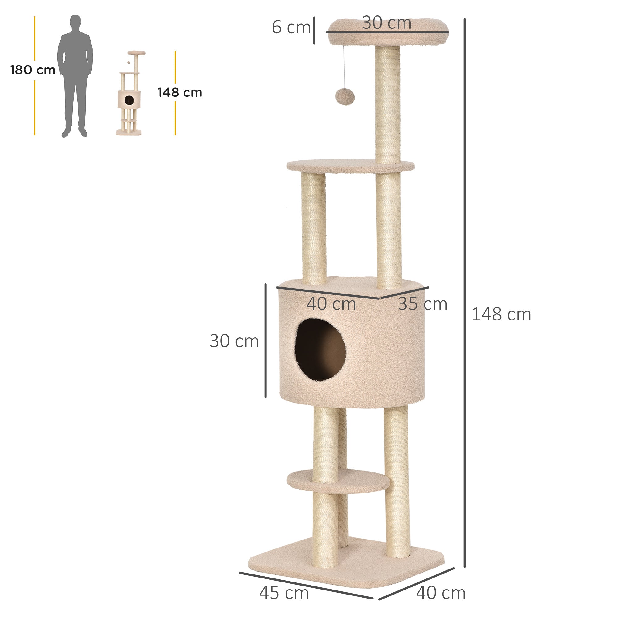 EASYCOMFORT Sturdy Scratching Post for Cats with 5 Levels, Kennel, House, Games and Sisal Rope, Beige, Max 30kg