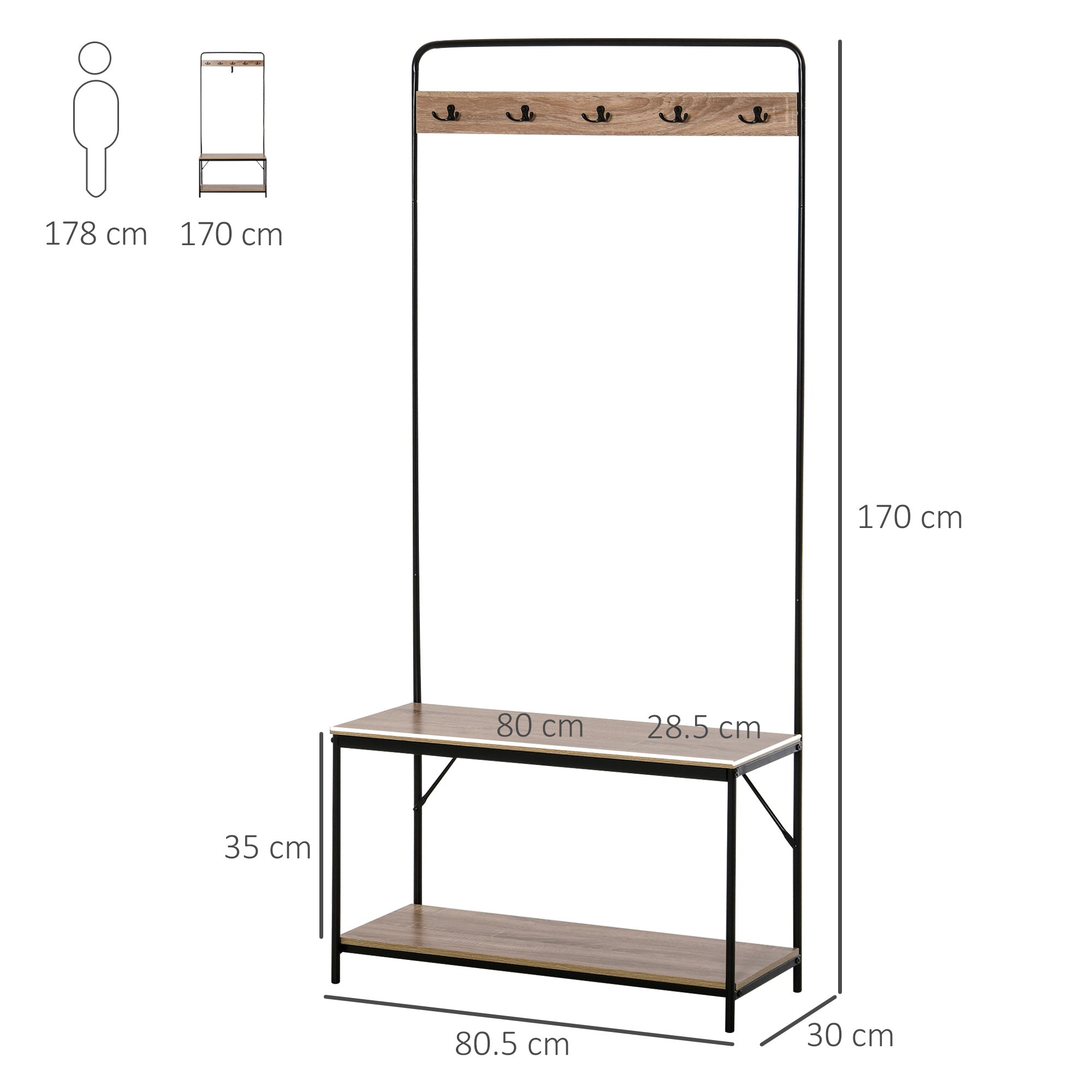 EasyComfort Kapstok met bank en schoenenrek, industrieel 80.5x30x170 cm