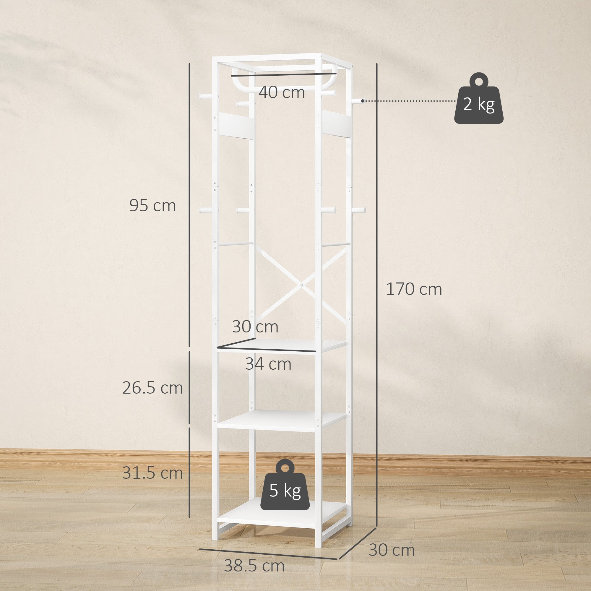 EasyComfort Appendiabiti da Terra - Vrijstaande kapstok met kledingstang en 2 open planken, 38.5x30x170 cm
