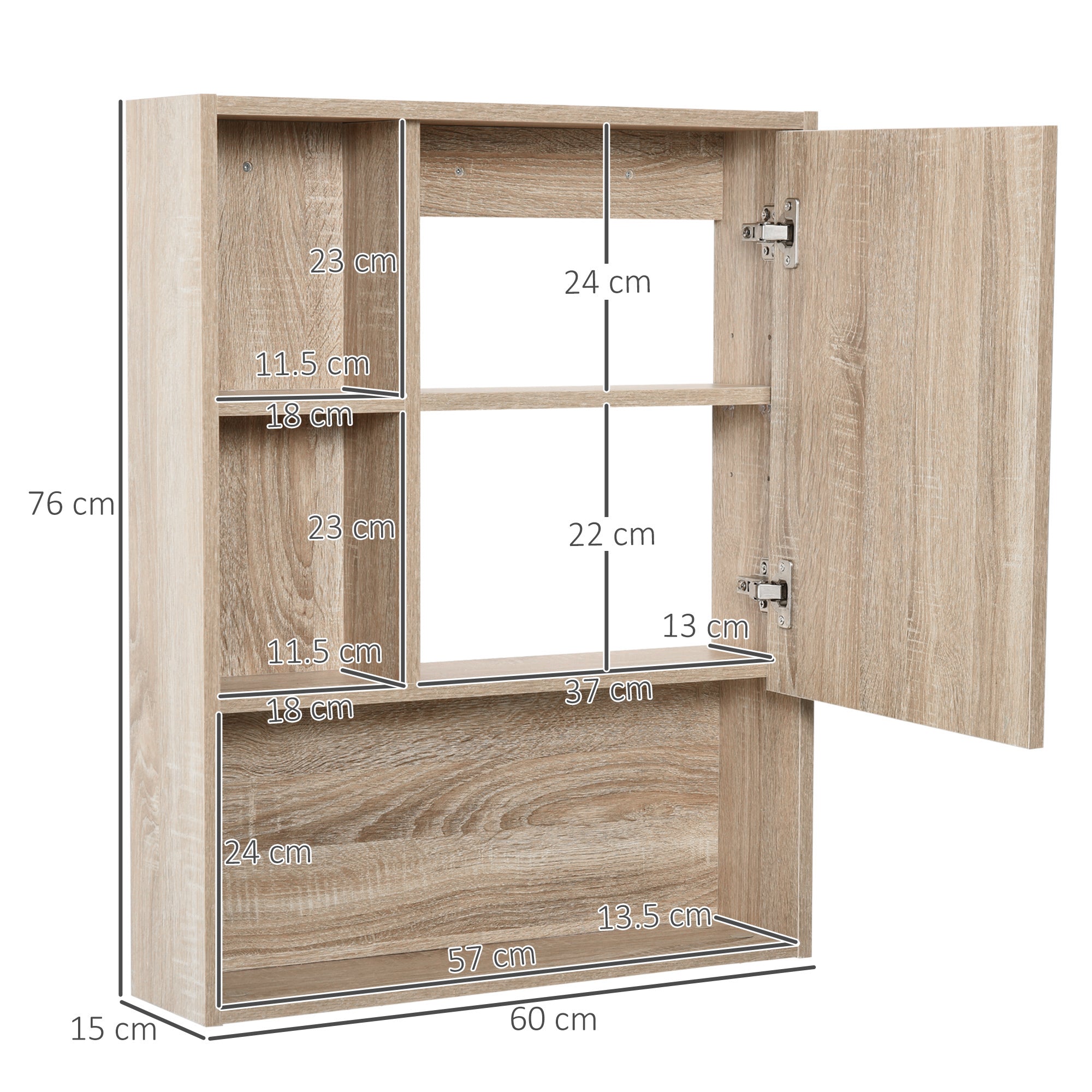 EasyComfort Badkamerkast met spiegel, wandkast 60x15x76 cm, eiken