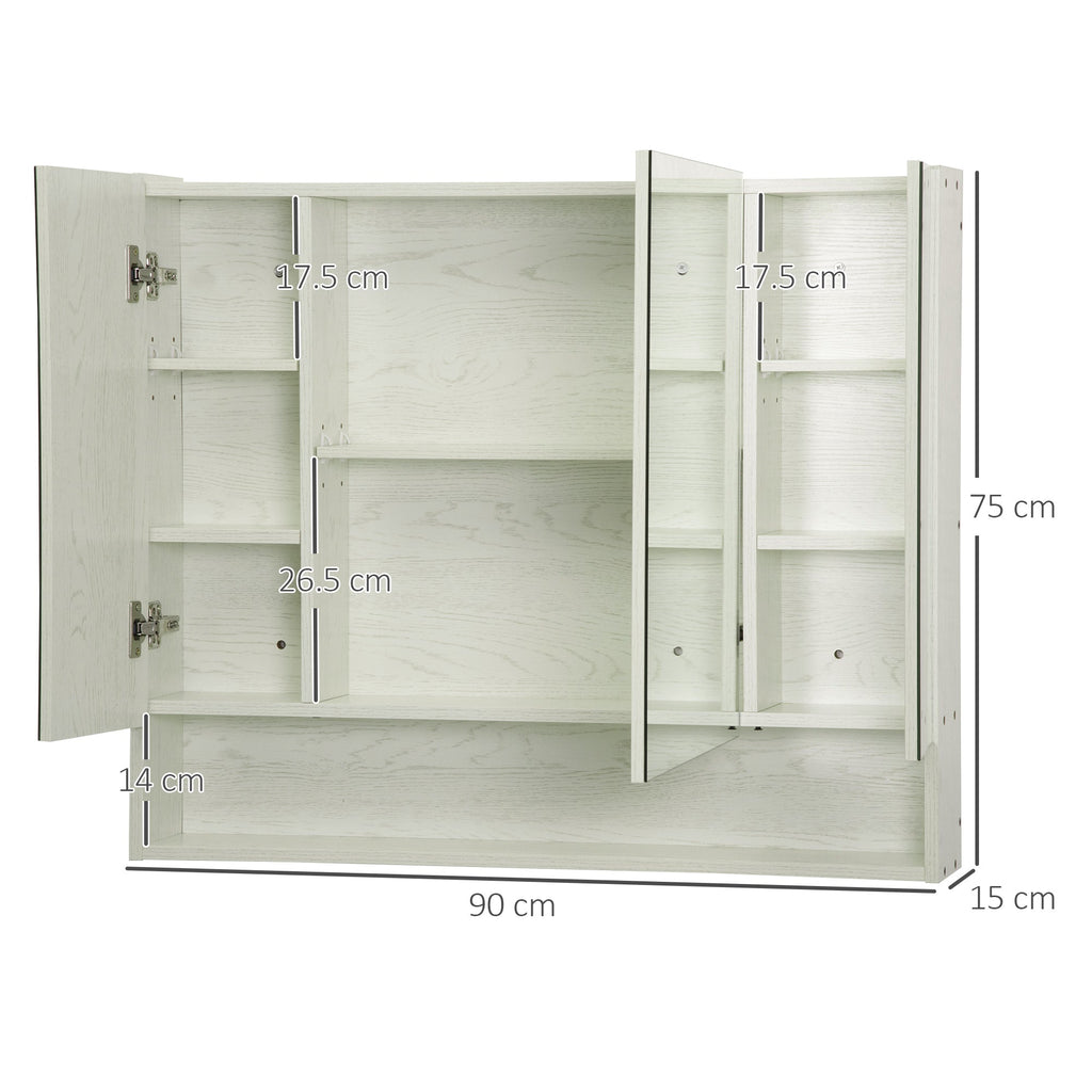EasyComfort Armadietto Moderno da Bagno with Specchio a 4 Sezioni with Ripiani Regolabili, wall-mounted in Legno e Vetro, 90x15x75 cm, Grigio