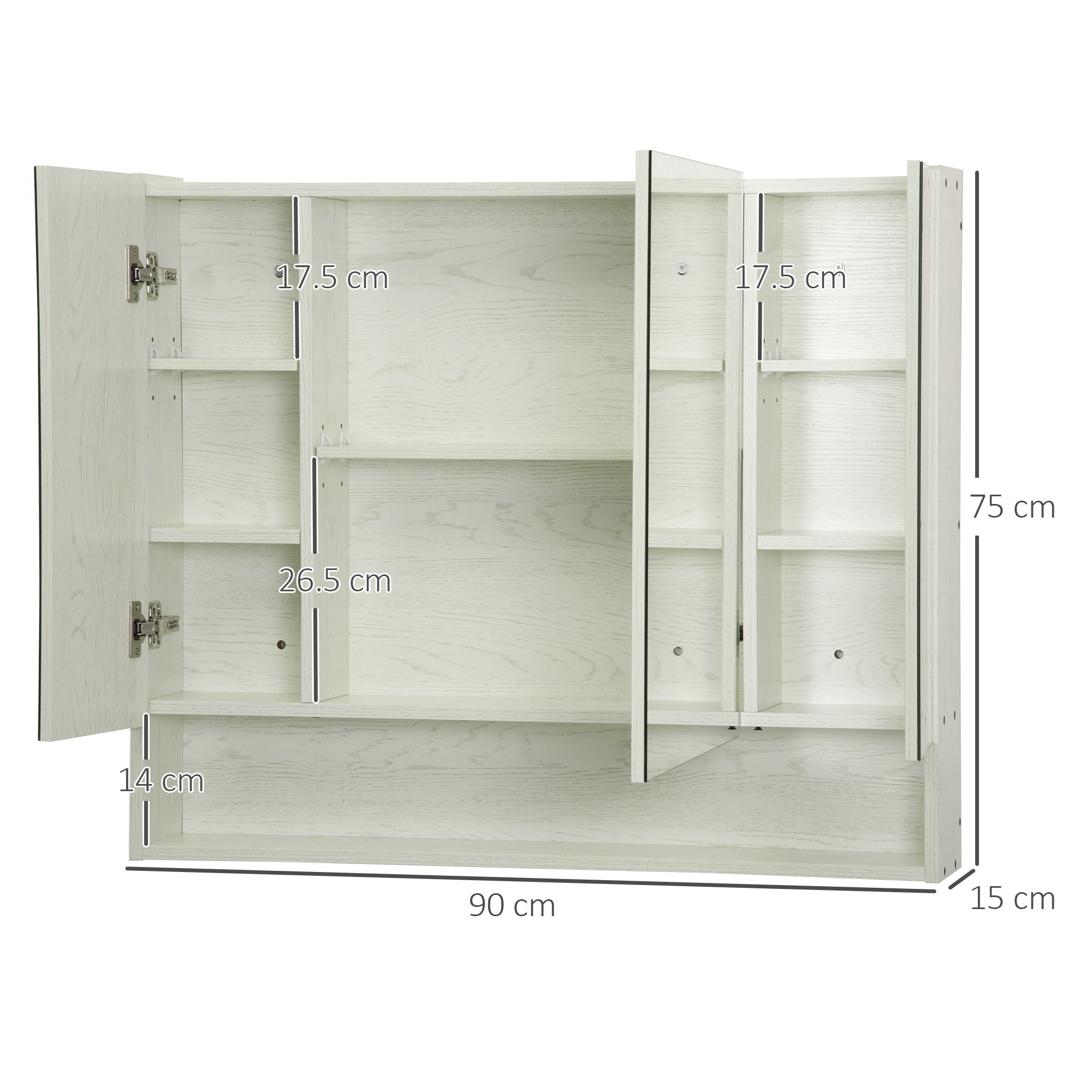 EasyComfort Armadietto Moderno da Bagno with Specchio a 4 Sezioni with Ripiani Regolabili, wall-mounted in Legno e Vetro, 90x15x75 cm, Grigio