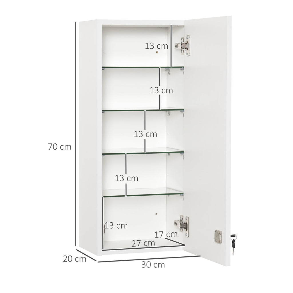 Easycomfort Armadietto Medicinali a Muro with Serratura, 5 Ripiani e Mensole Regolabili, in Legno e Vetro, white, 30x20x70cm