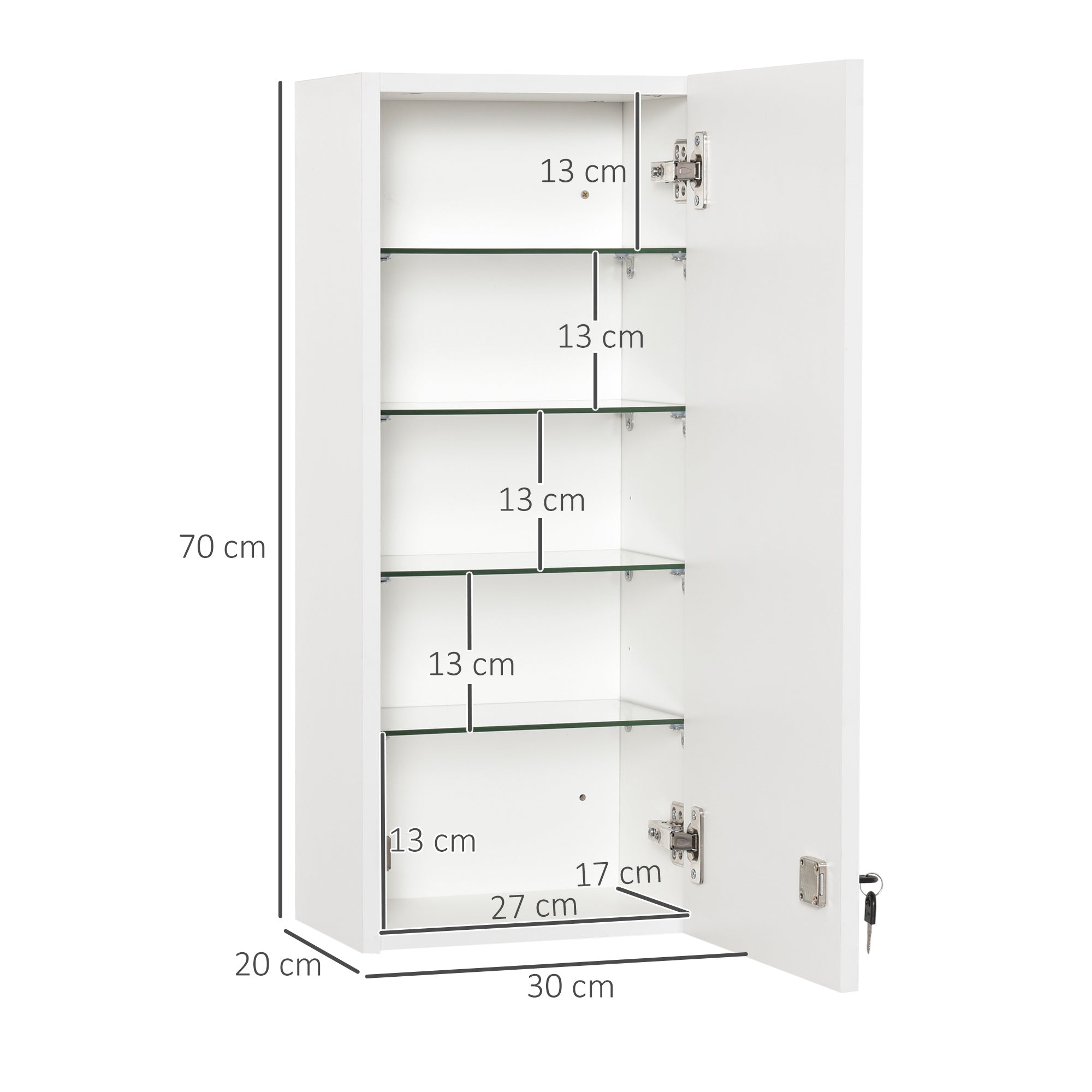 Easycomfort Armadietto Medicinali a Muro with Serratura, 5 Ripiani e Mensole Regolabili, in Legno e Vetro, white, 30x20x70cm