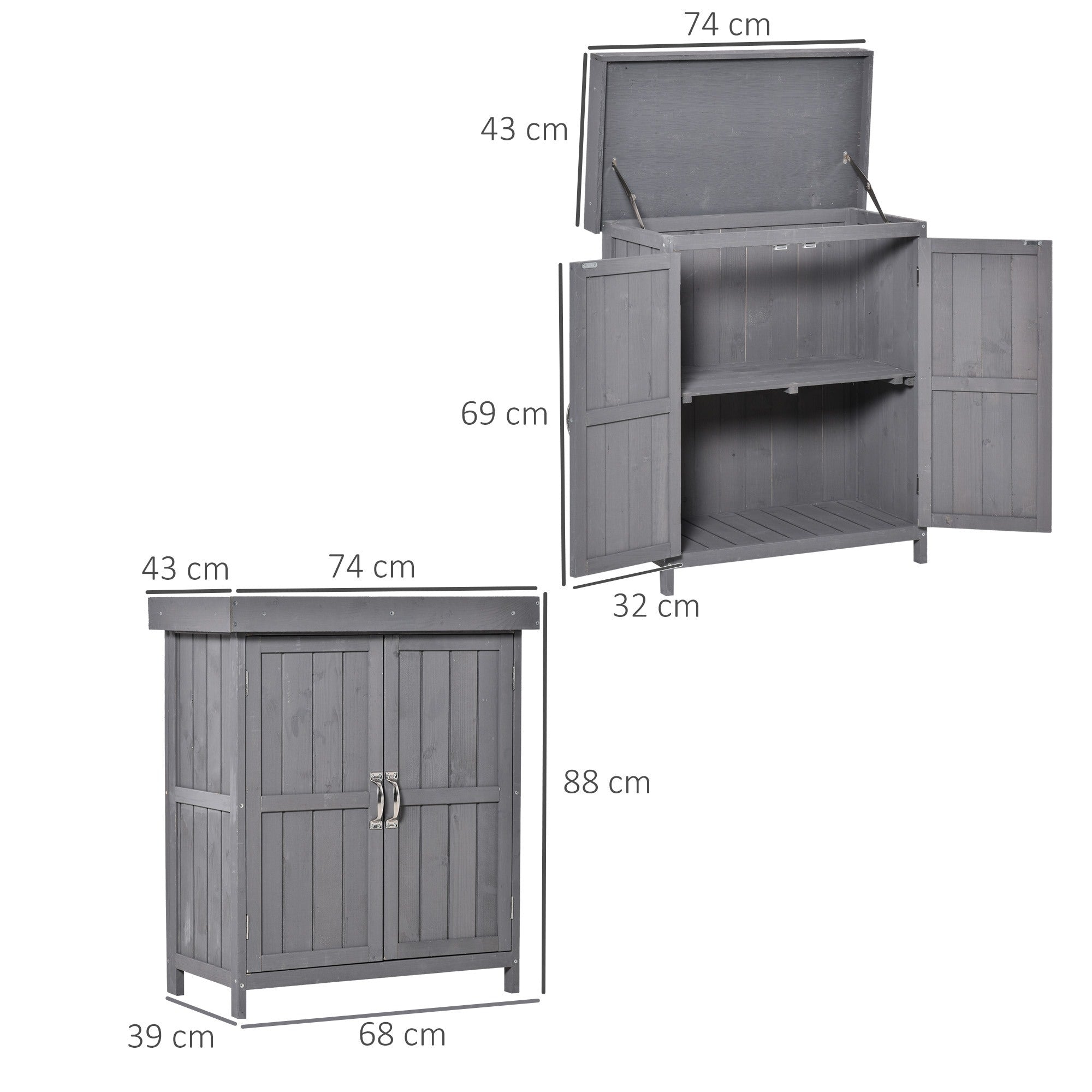 Easycomfort Armadio da Giardino a 2 Ripiani in Legno di Abete with Tetto Apribile, 74x43x88 cm, Grigio Scuro