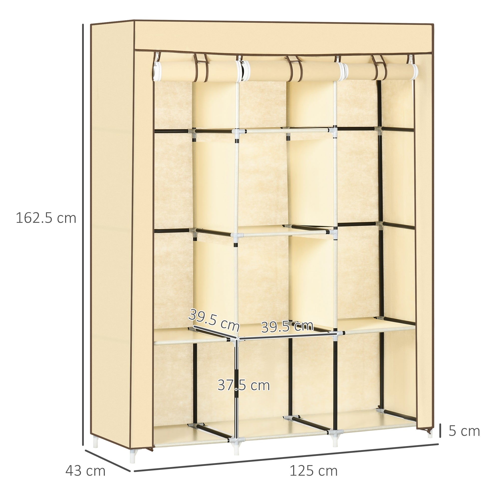Easycomfort Armadio in Tessuto with 8 Ripiani e 2 Barre with Porta Avvolgibile, 125x46x162.5cm, Beige