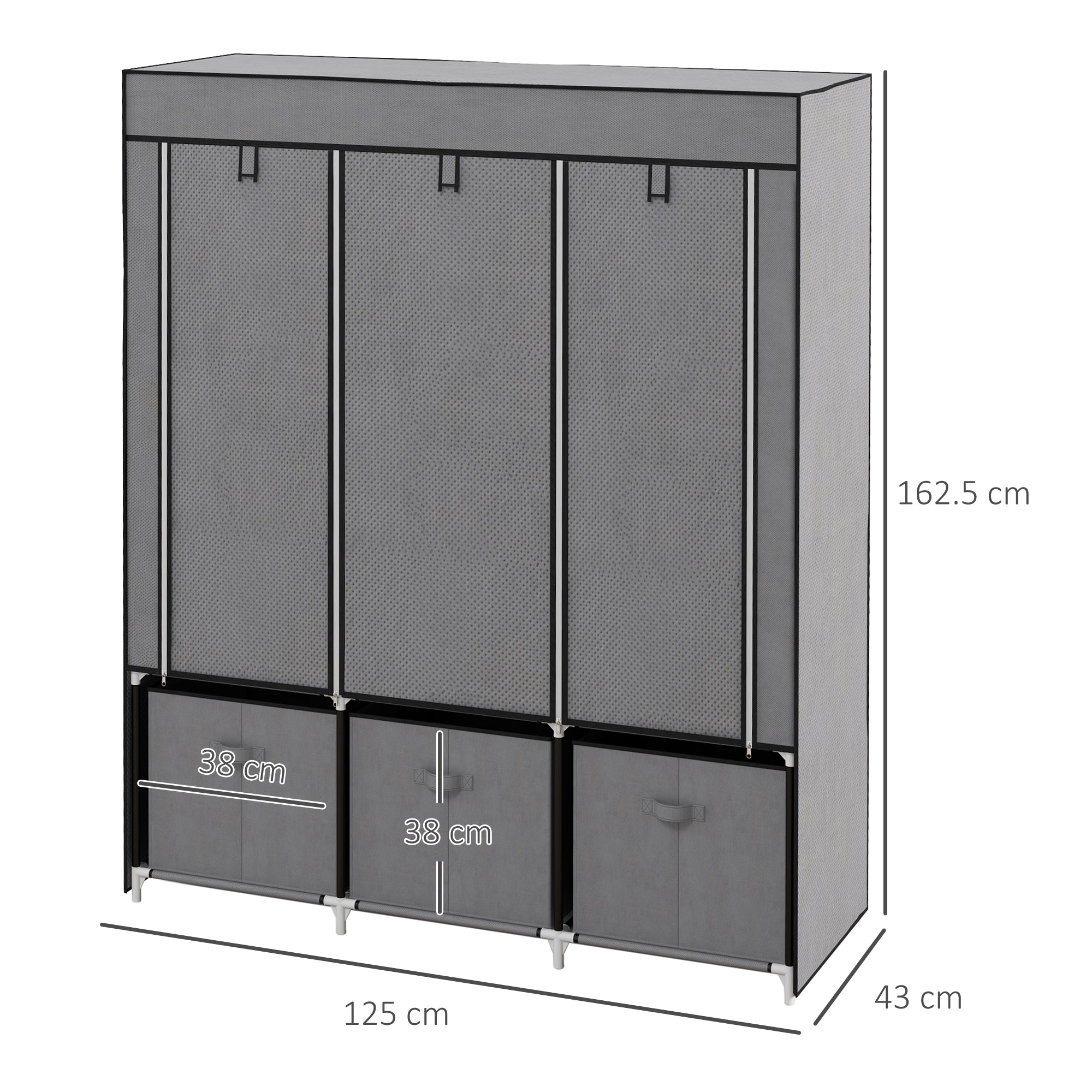 EasyComfort Armadio in Tessuto Pieghevole with Cassetti e Ante Avvolgibili with Zip, 125x43x162.5cm, Grigio Scuro