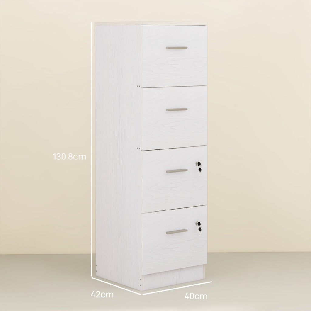 EasyComfort Armadio per Ufficio a 4 Cassetti con 2 Serrature e Barra Portadocumenti, in Legno, 40x42x130.8 cm, Bianco