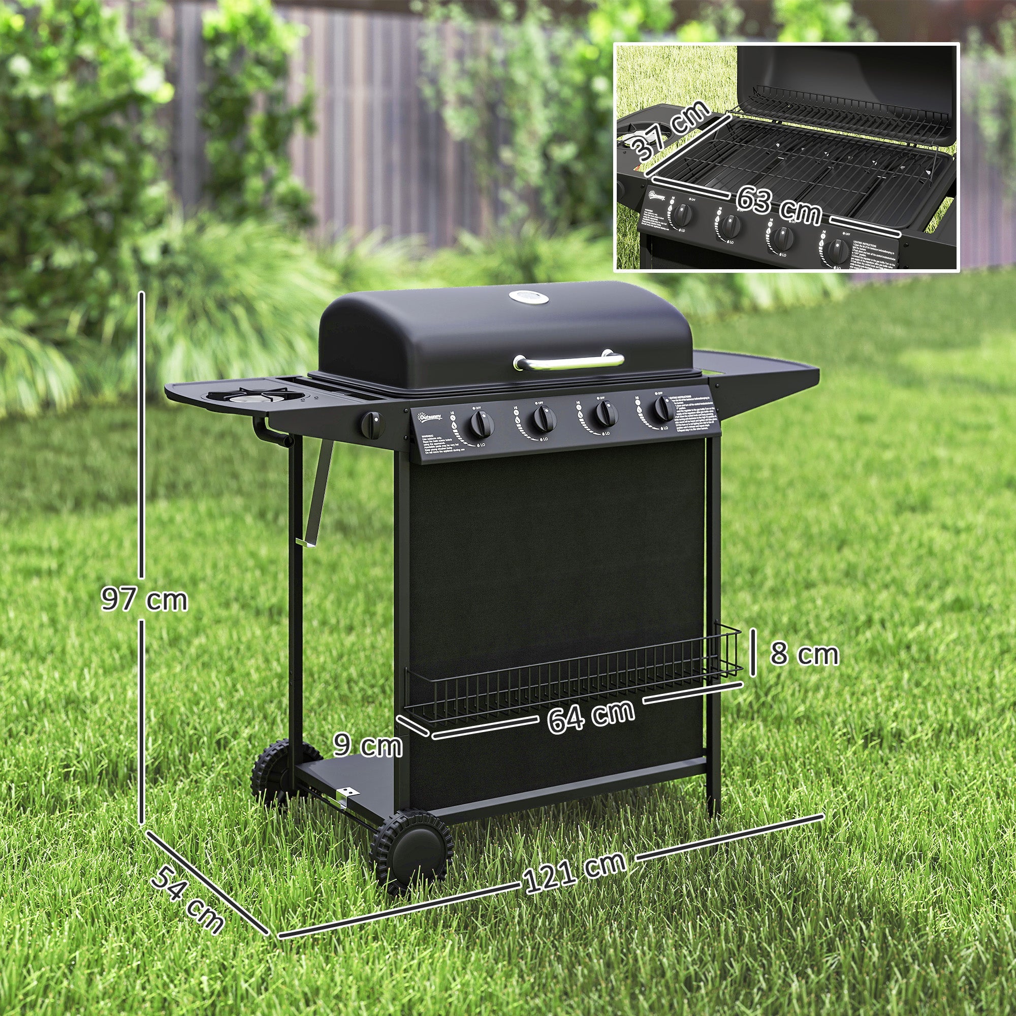 EasyComfort Gasbarbecue 4+1 branders met deksel en thermometer, 121x54x97 cm