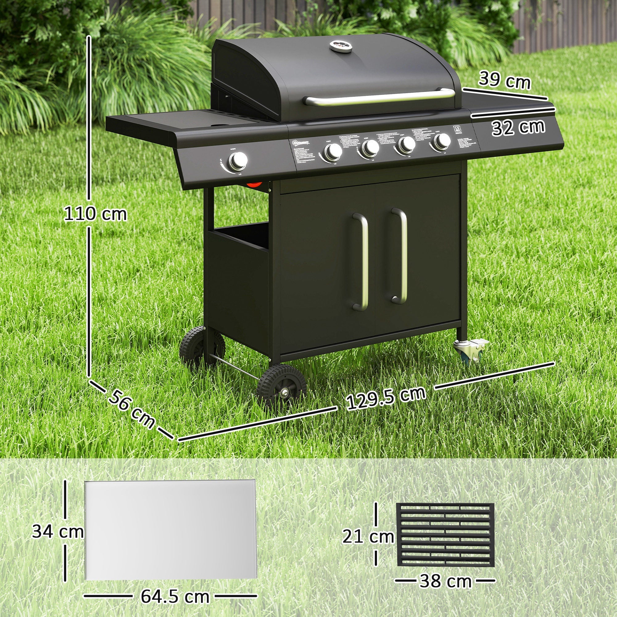 EasyComfort Barbecue a Gas with Fornello Laterale, Tavolino e Armadietto, in Acciaio e PP, 129.5x56x110 cm, black