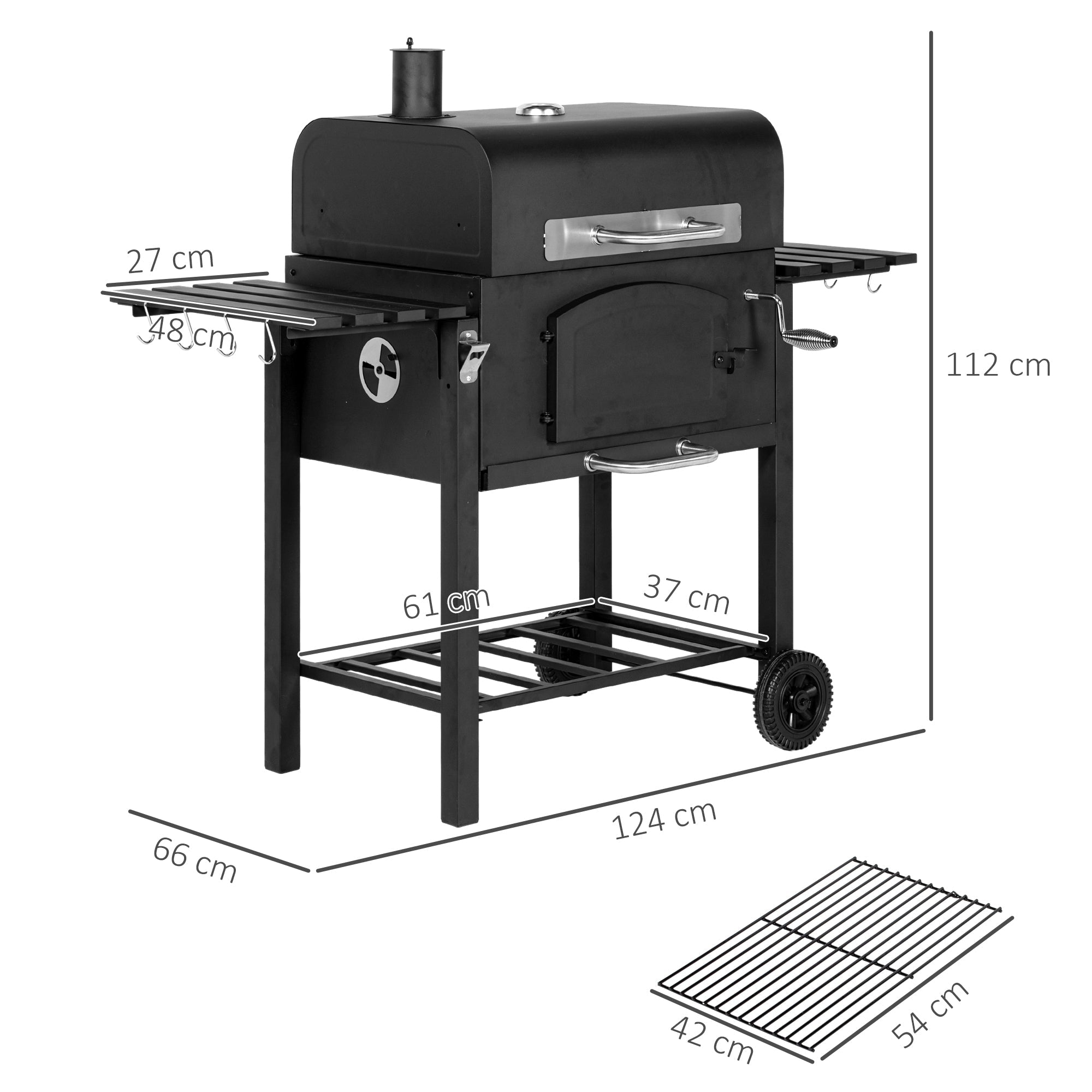 EasyComfort Barbecue da Giardino a 2 Ruote with Griglia, Affumicatore e Fornello, in Metallo e Ghisa, 124x66x112 cm, black