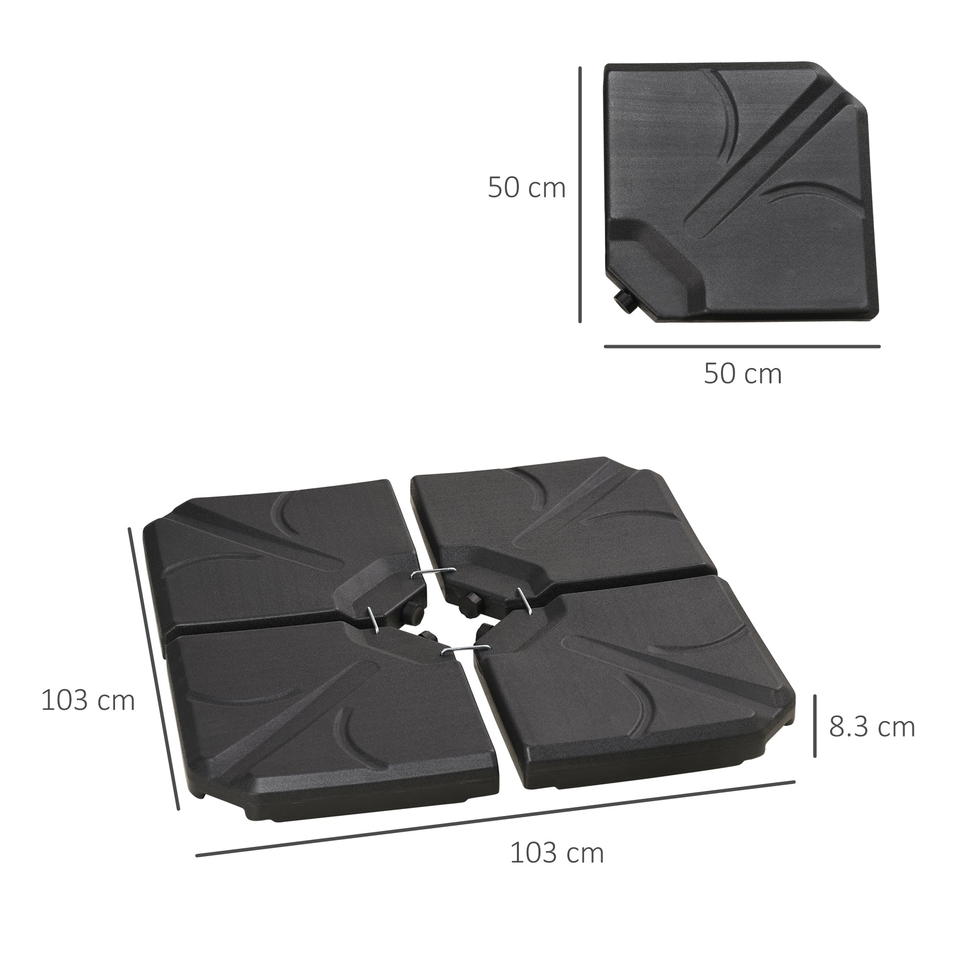 Easycomfort Base per Ombrellone in HDPE da 4 Pezzi, Riempibili with Acqua e Sabbia max 18kg, 103x103x8.3 cm, black