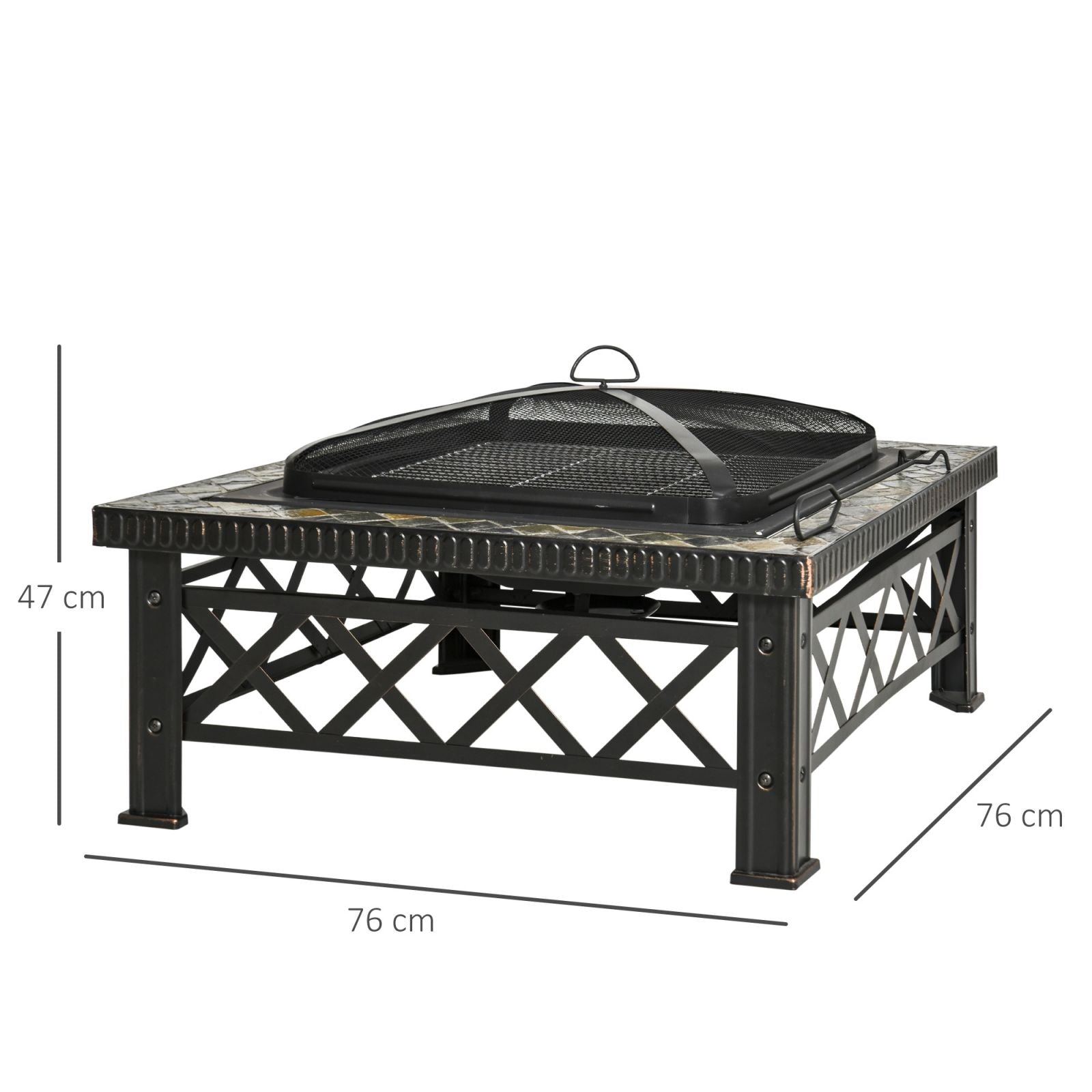EASYCOMFORT Garden Brazier with Spark Arrestor Lid and Metal Barbecue Grill 76x76x47cm Black