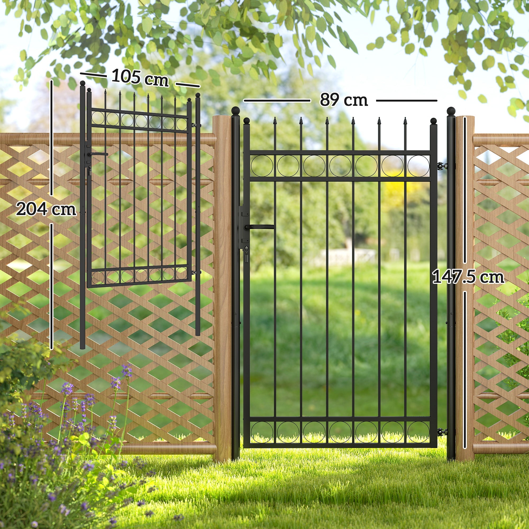EasyComfort Cancello Giardino a 2 Paletti con Maniglia, Lucchetto e 3 Chiavi, in Acciaio Zincato, 105x204 cm, Nero