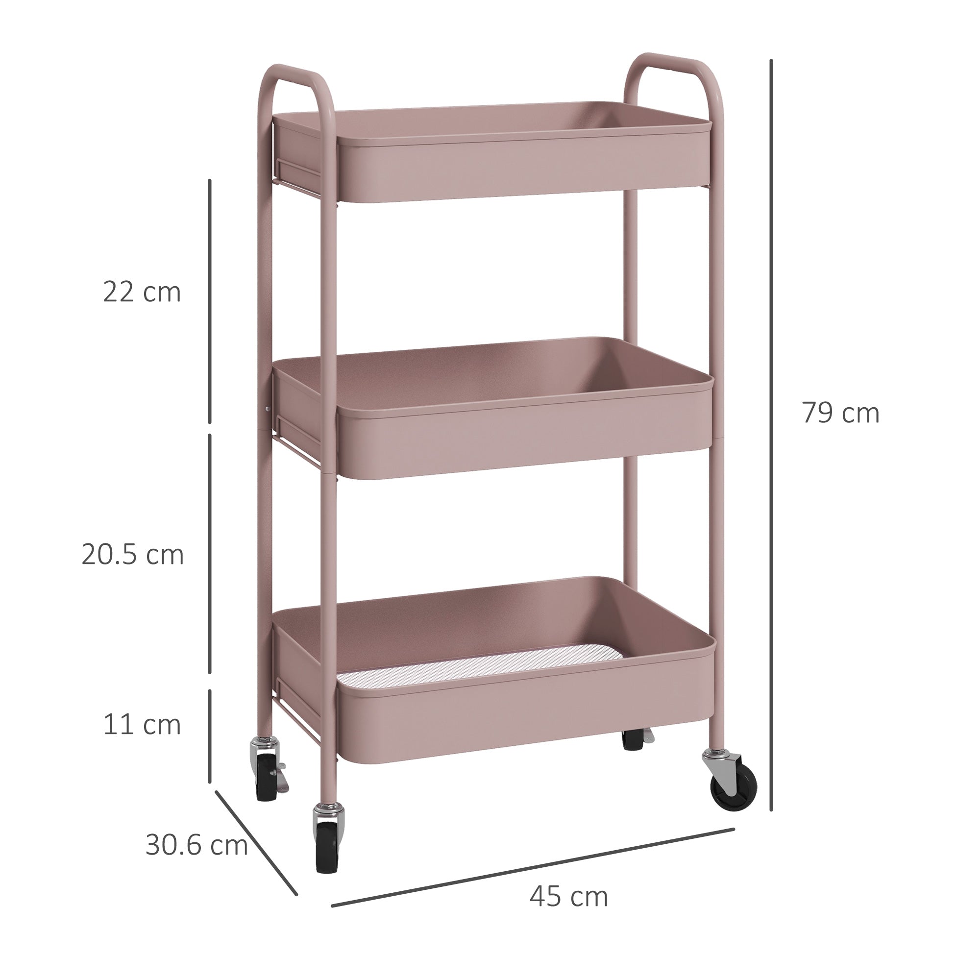 EasyComfort Keukentrolley 3 niveaus, staal, 45x30.6x79 cm, roze