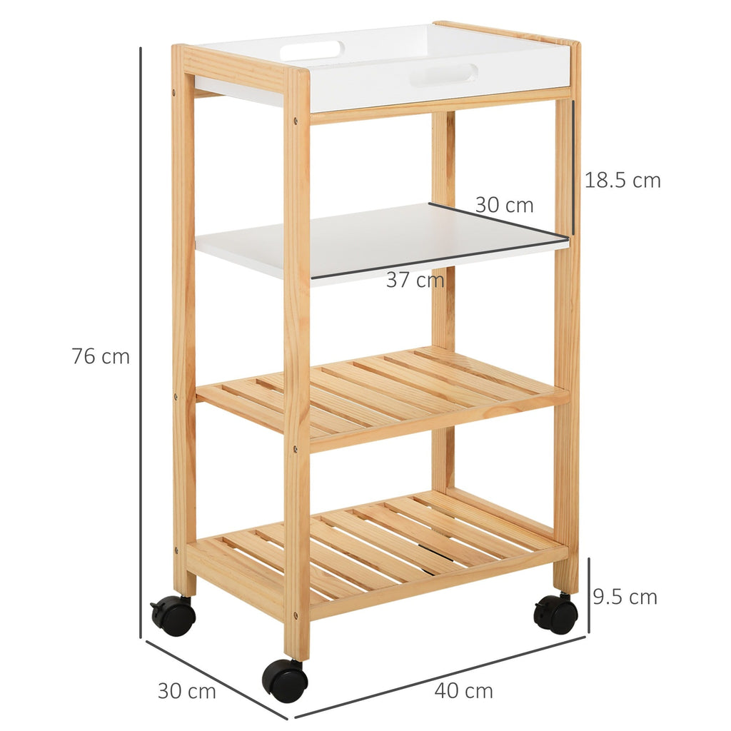 Easycomfort Carrello da Cucina a 4 Livelli in MDF e Legno di Pino with 4 Ruote Girevoli, 40x30x76 cm, white e Marrone