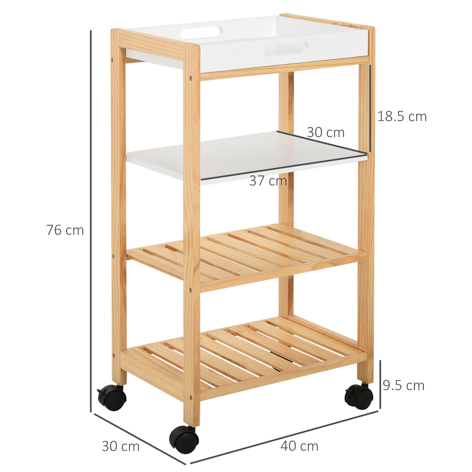 Easycomfort Carrello da Cucina a 4 Livelli in MDF e Legno di Pino with 4 Ruote Girevoli, 40x30x76 cm, white e Marrone