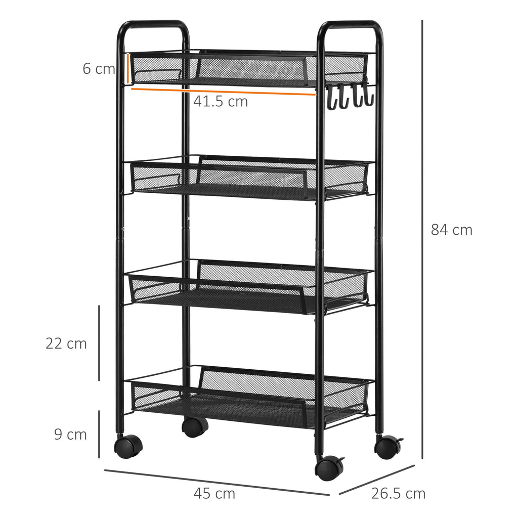 Easycomfort Carrello da Cucina a 4 Ripiani Rimovibili with 4 Ganci e Ruote, in Acciaio e Plastica PP, 45x26.5x84 cm, black