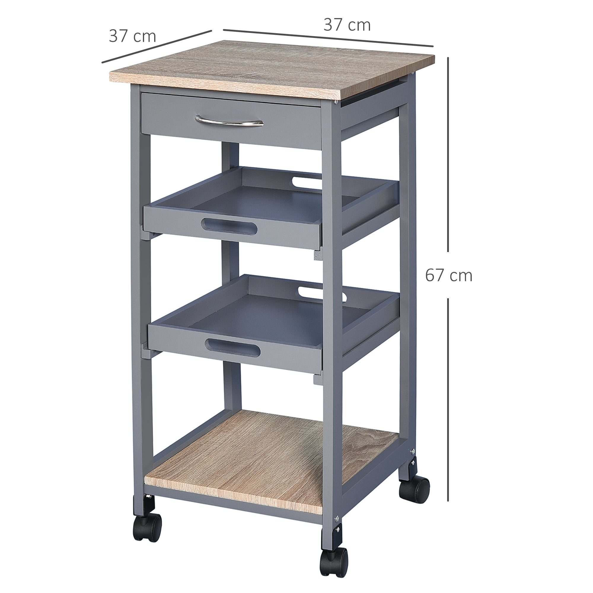 Easycomfort Carrello da Cucina with Cassetto, 2 Vassoi Estraibili e Ripiano Fisso, in Legno di Pino e MDF, 37x37x76 cm