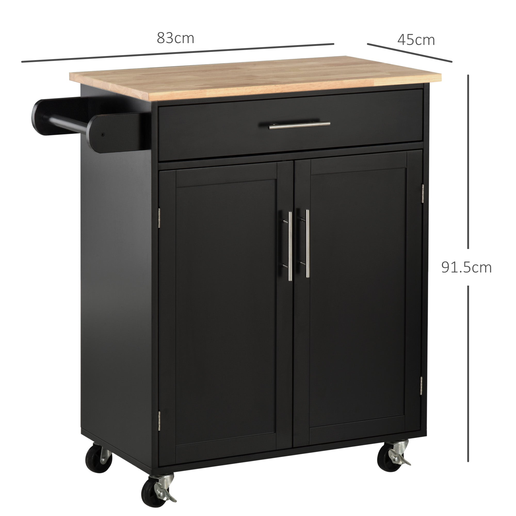 EasyComfort Keukentrolley met lade en 2-deurs kast, wielen en zijrail, 83x45x91.5cm, zwart