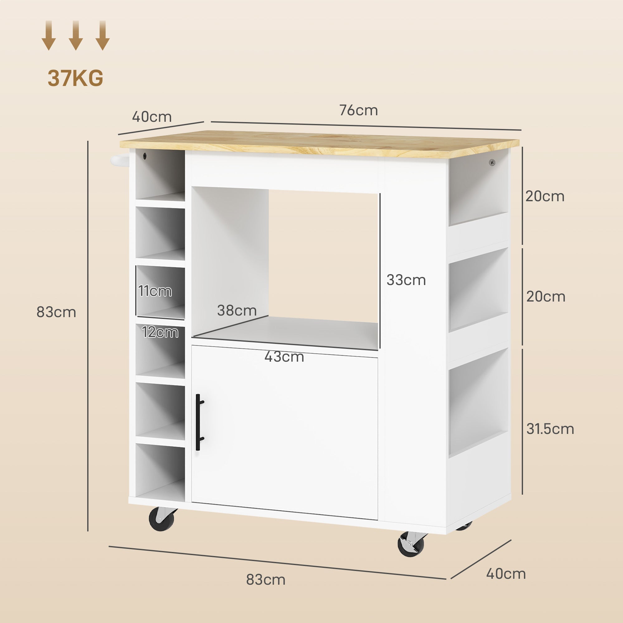 EasyComfort Carrello da Cucina with Ruote, Ripiani, Armadietto e Portabottiglie, 83x40x83 cm, Rovere