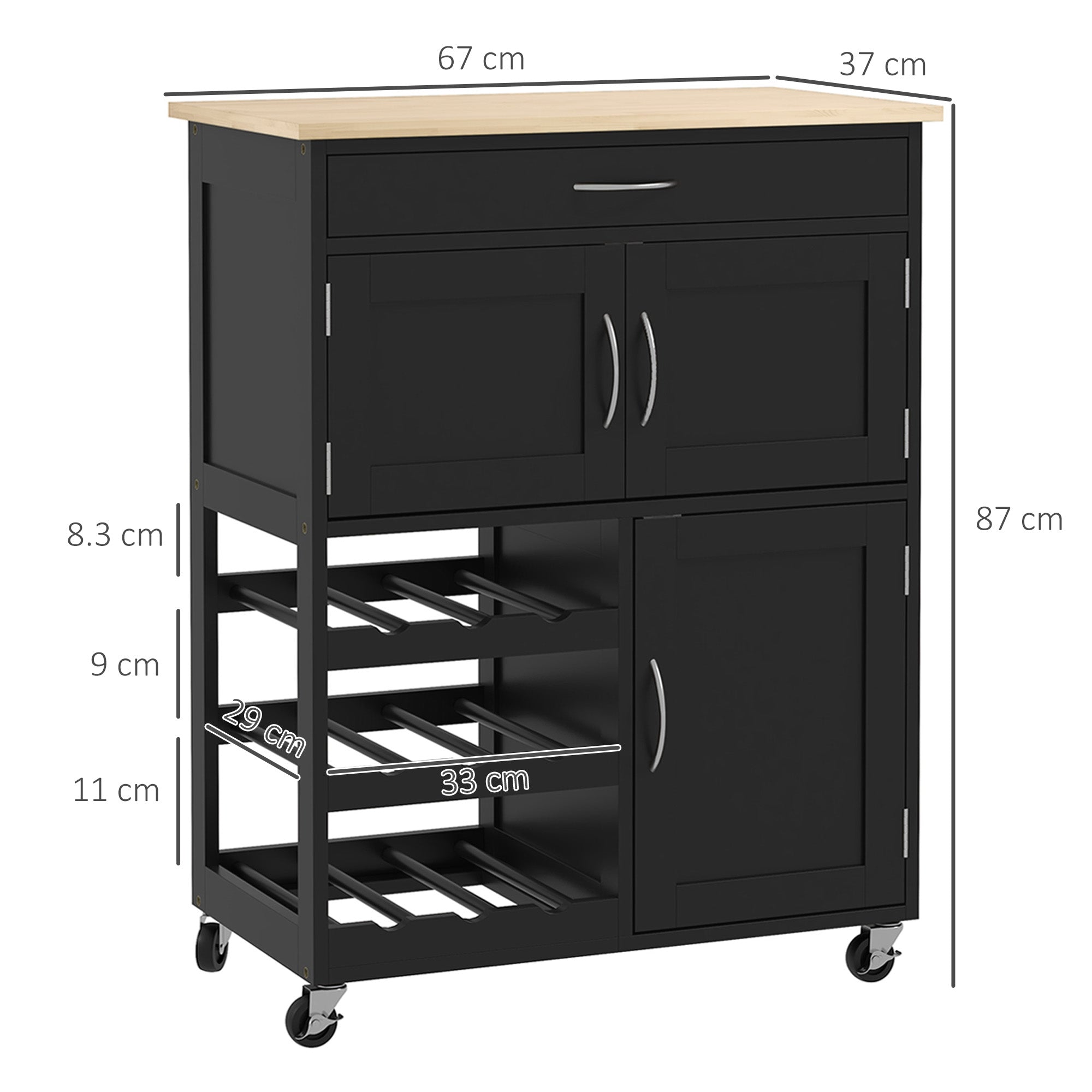 EasyComfort Carrello da Cucina in Legno with Portabottiglie, 3 Ante e Cassetto, 67x37x87 cm, black e Rovere