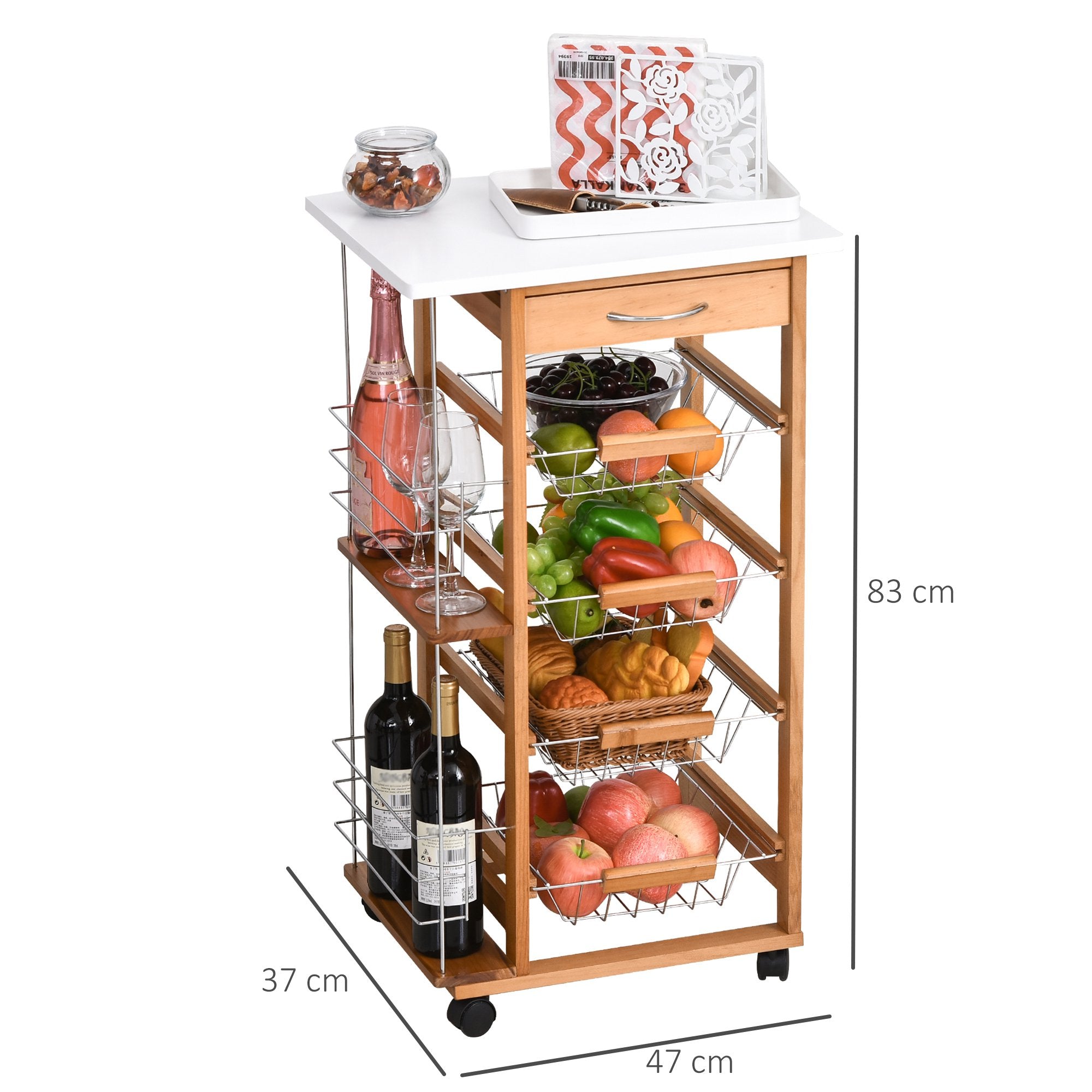 EasyComfort Keukentrolley bruin hout — 1 lade, 4 metalen manden
