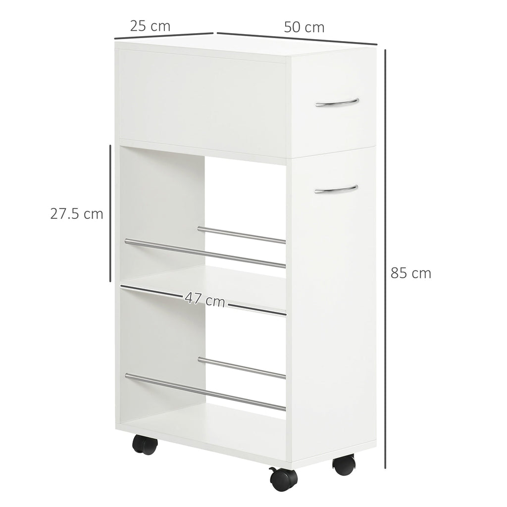 Easycomfort Carrello da Cucina in Truciolato e Acciaio Inox with 2 Ripiani Aperti, Cassetto Estraibile e Parapetti, 25x50x85 cm