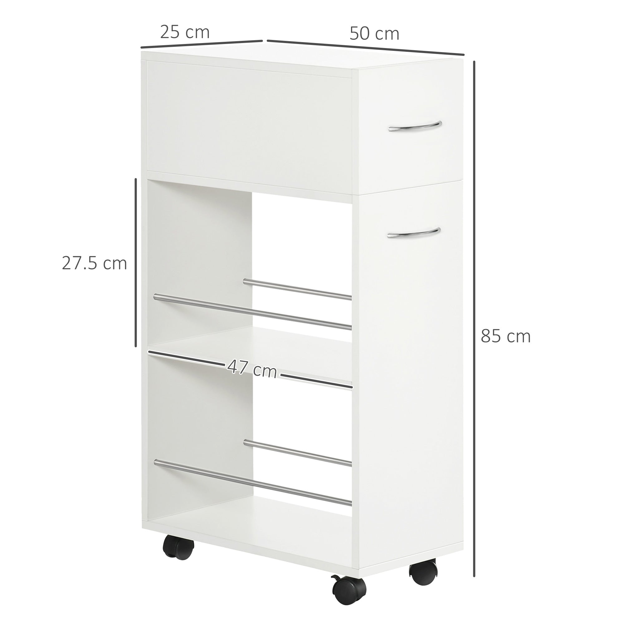 Easycomfort Carrello da Cucina in Truciolato e Acciaio Inox with 2 Ripiani Aperti, Cassetto Estraibile e Parapetti, 25x50x85 cm
