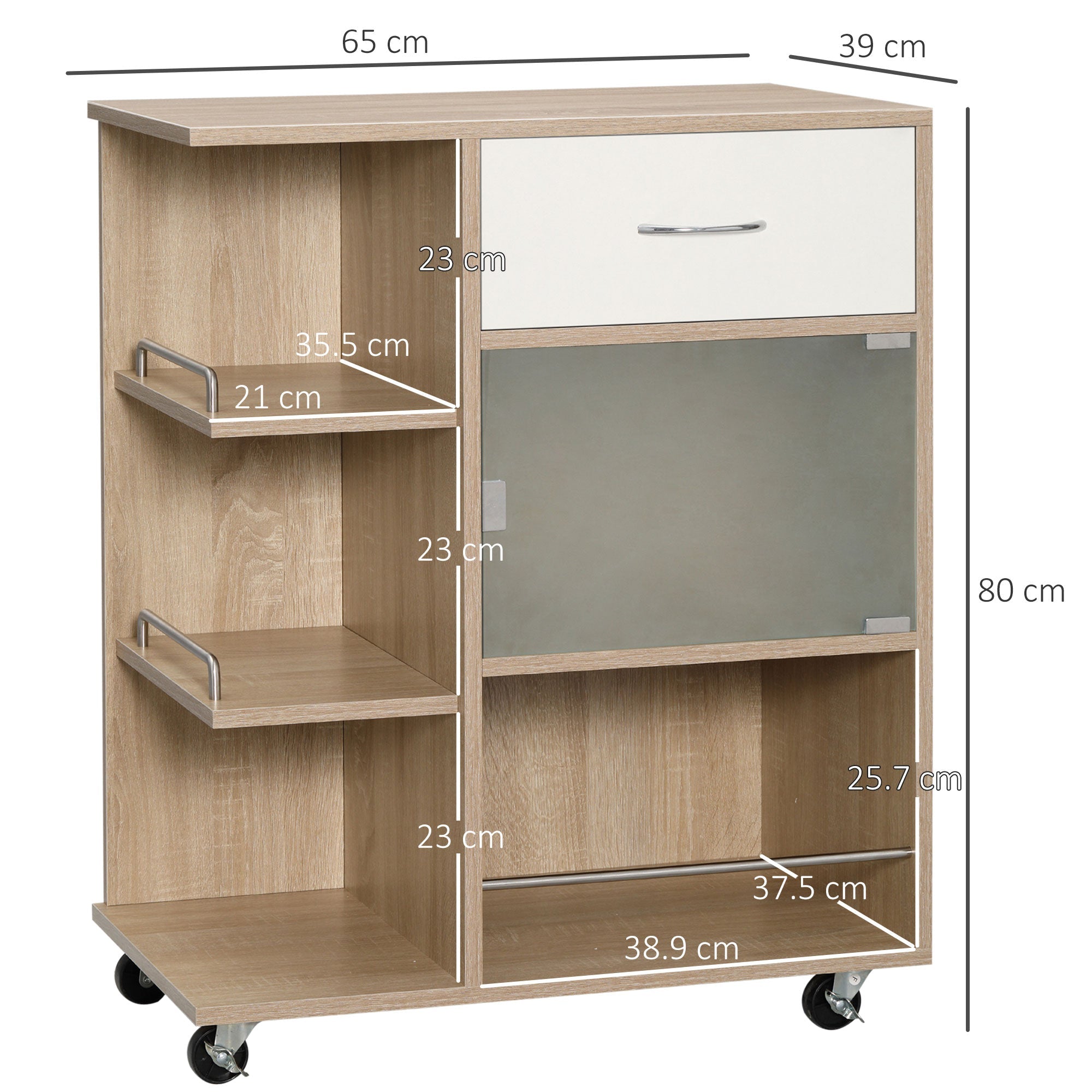 Easycomfort Carrello da Cucina Portavivande with Cassetto, Ripiani e Armadietto in Legno, Acciaio e Vetro, 65x39x80cm