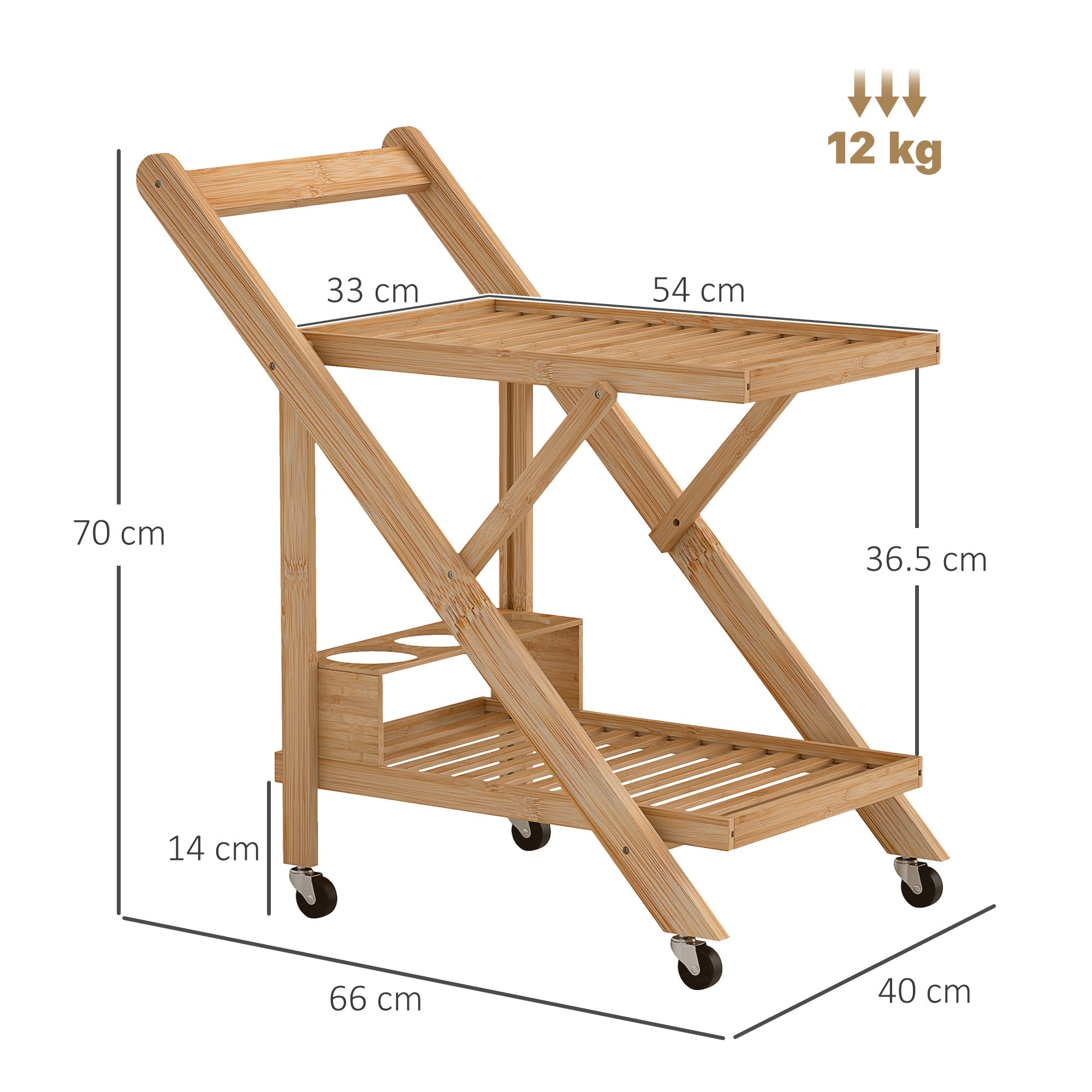 EasyComfort Carrello da Cucina Portavivande Pieghevole a 2 Livelli with Portabottiglie in Legno di Bambù