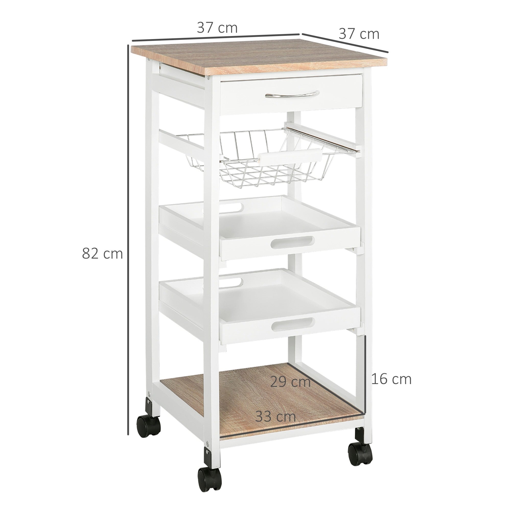 Easycomfort Carrello da Cucina Salvaspazio in Legno di Pino e MDF, Carrello Portaoggetti with Cassetto, Cestello, 2 Vassoi e 4 Ruote Universale, 37x37x82cm, white