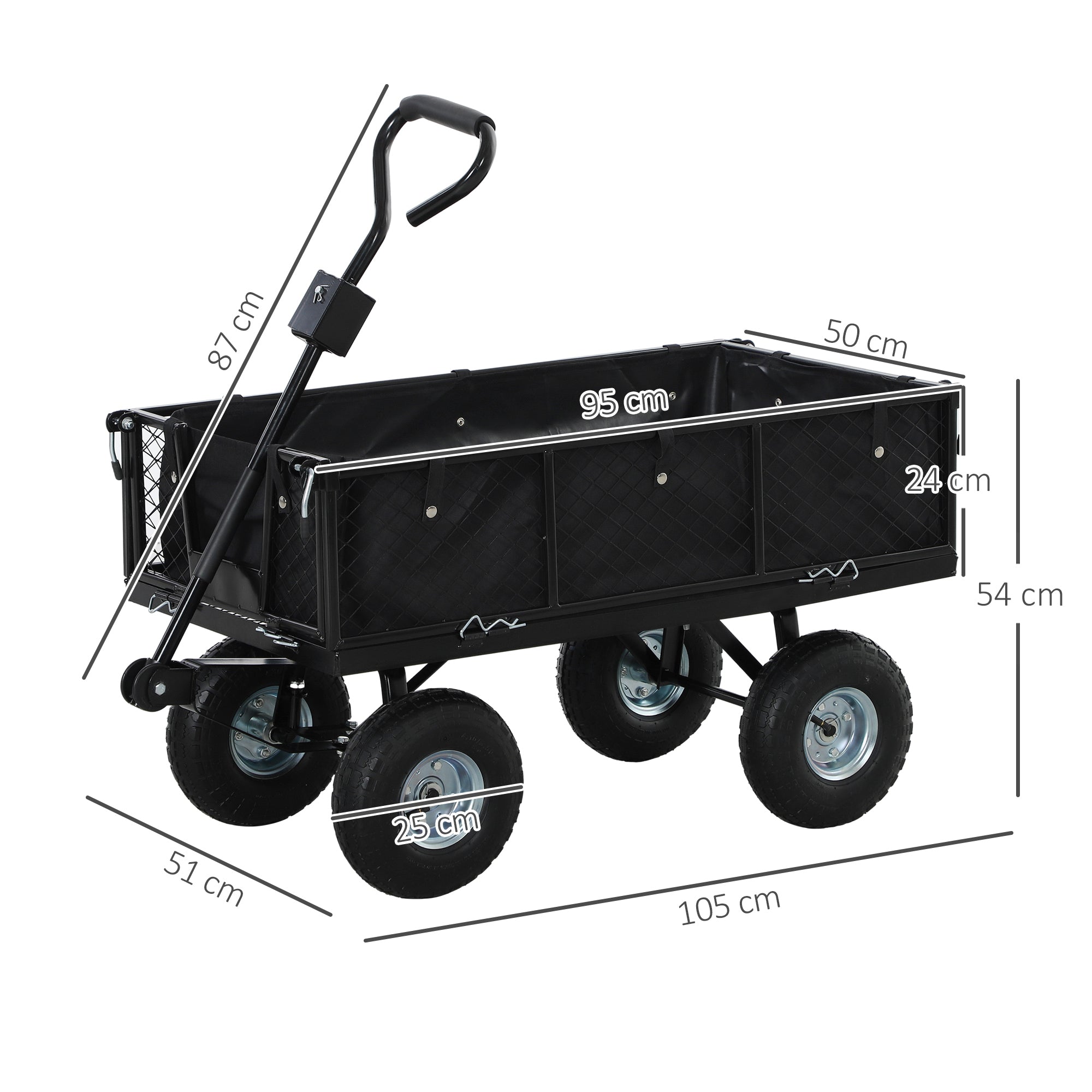 EasyComfort Carrello da Giardino in Acciaio da 114L with Sacca Portaoggetti e Pareti Rimovibili, 105x51x54 cm, black