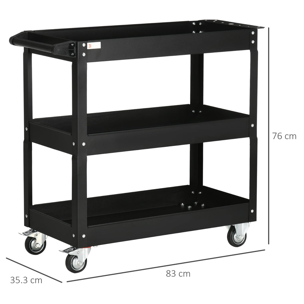 EasyComfort Carrello Porta Attrezzi a 3 Livelli in Acciaio con Bordi Alti e 4 Ruote Girevoli, 83x35.3x76 cm, Nero